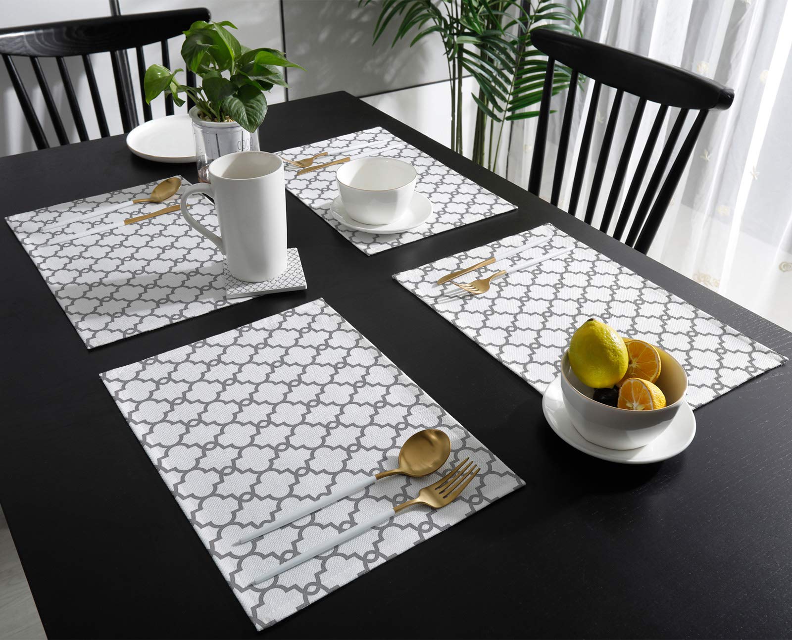 4-Pack Heat-Resistant Moroccan Linen Placemats for Dining Table - 12x18 Inch Traditional Quatrefoil Lattice Pattern in Grey & White - Perfect for Home Decor, Dinner Parties & Holiday Tablescapes