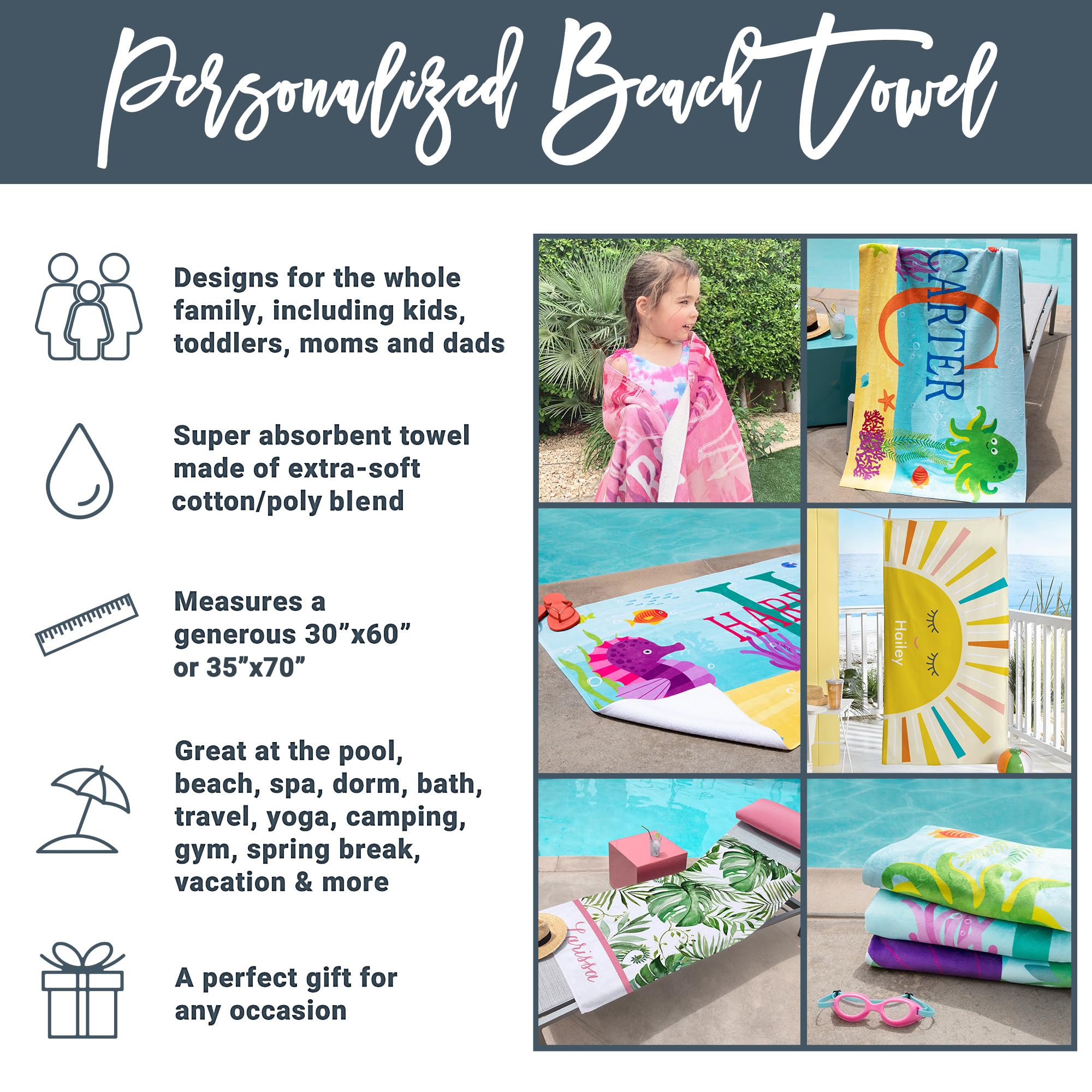 Personalized Beach Towel - Custom Name Printed - Large Standard Size - Bright Hearts Design - Perfect for Beach, Pool, Camping & Vacation - Great Gift for Summer Travel, Family Outings & Romantic Getaways
