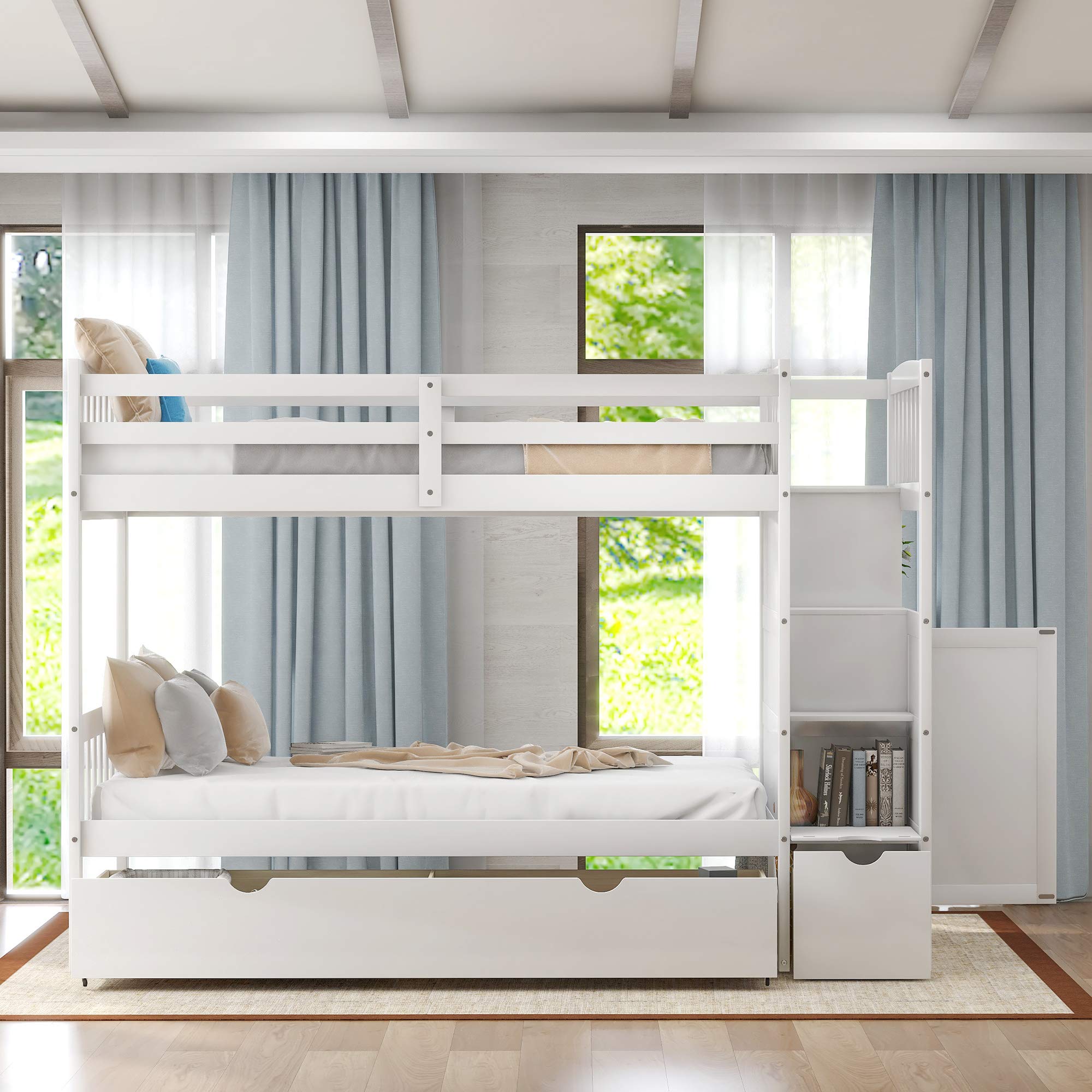 Harper & Bright Designs Twin Over Full Bunk Bed with Drawers - Convertible Wood Frame Bunk Bed with Storage Shelves & Staircase - Space Saving Kids Bedroom Furniture for Small Rooms & Shared Spaces - White