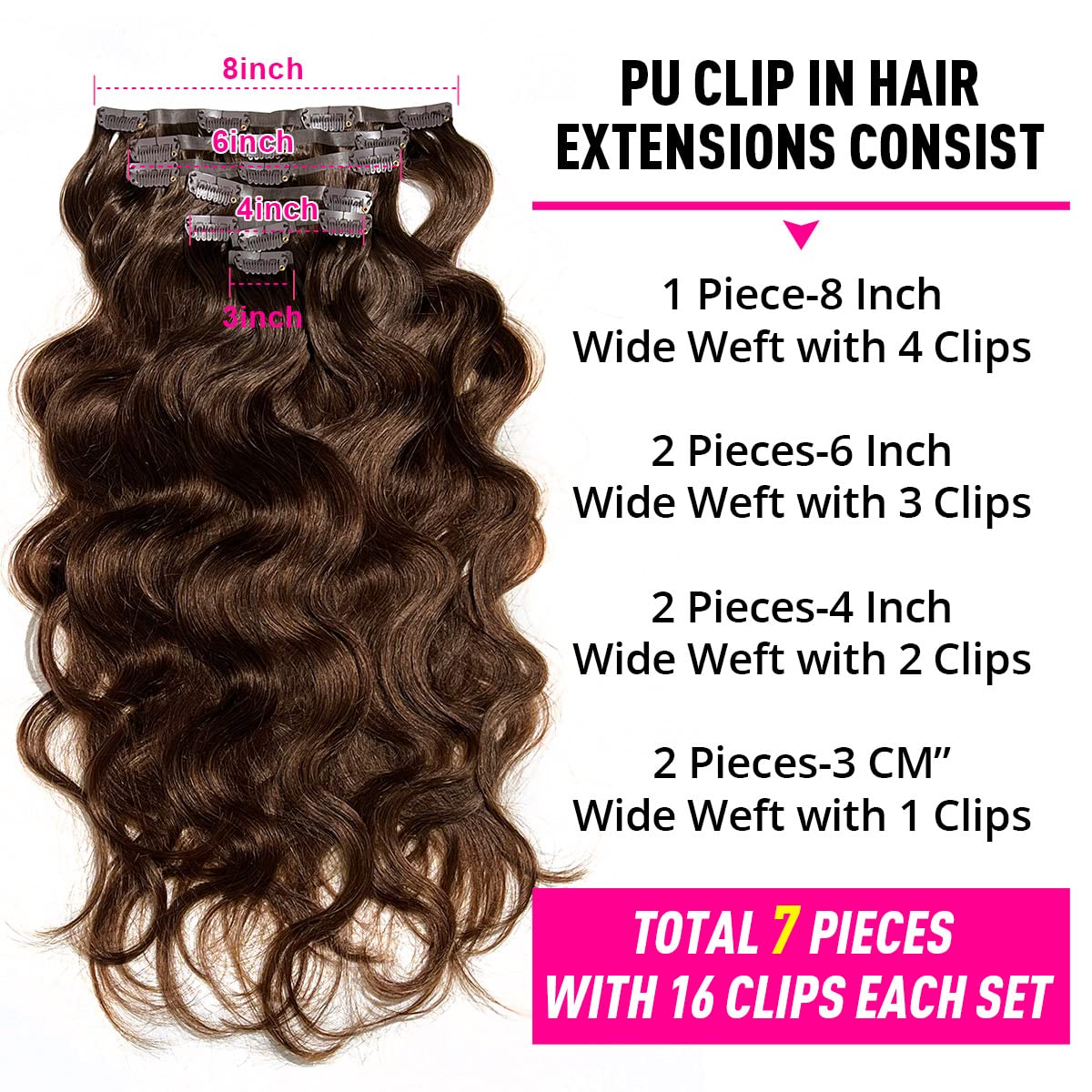 West Kiss Seamless Clip-In Human Hair Extensions - Soft & Bouncy PU Skin Weft, 100% Real Human Hair (Chocolate Brown, Body Wave, 7pcs, 120g, 20 Inch) for Volume & Length - Perfect for Parties, Weddings & Daily Styling