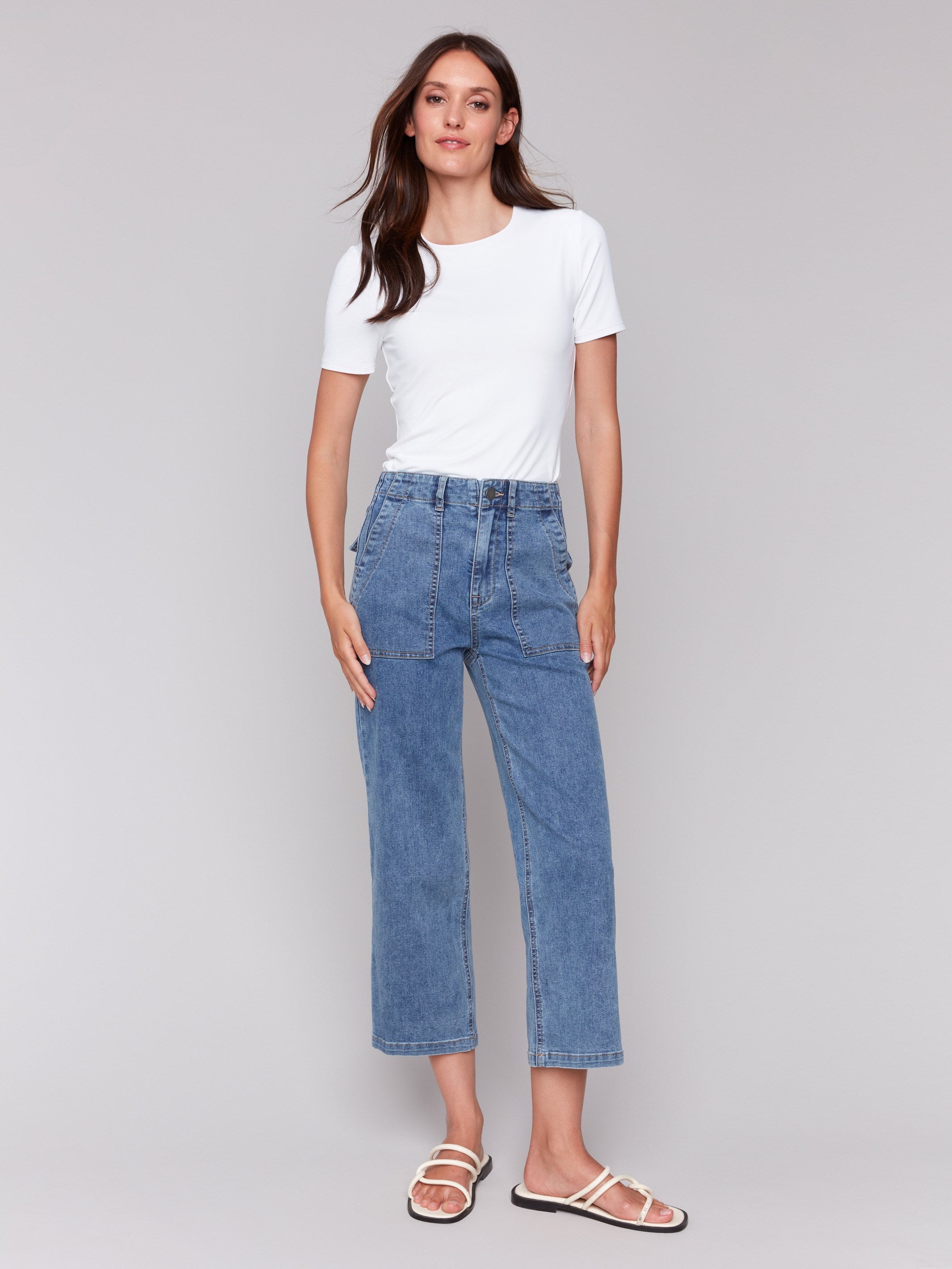 Cropped Utility Pocket Jeans for Women - Medium Blue Denim High Waisted Skinny Jeans | Casual Streetwear, Everyday Wear & Outfit Styling
