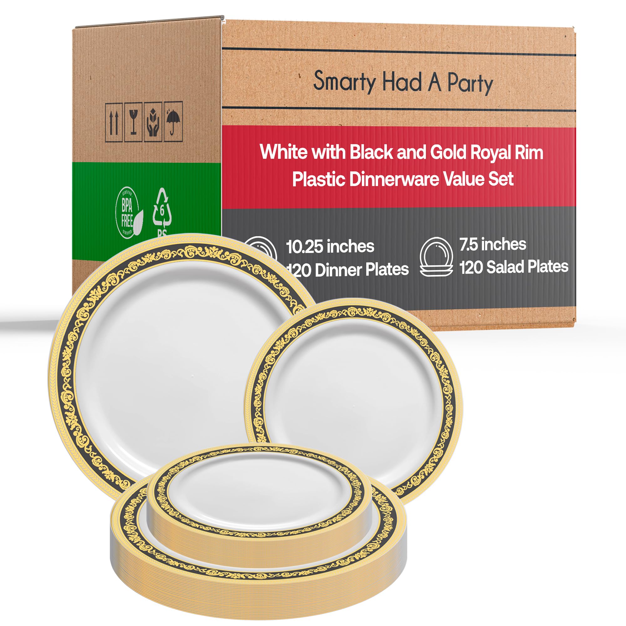 Premium 240-Pack Disposable Plastic Plates - 120 Heavy Duty Dinner Plates & 120 Dessert Plates - Elegant White with Black Gold Royal Rim - Bulk Party Supplies for Weddings, Birthdays, Catering & Special Events - Perfect for Buffets, BBQs, Picnics & Formal Dinners