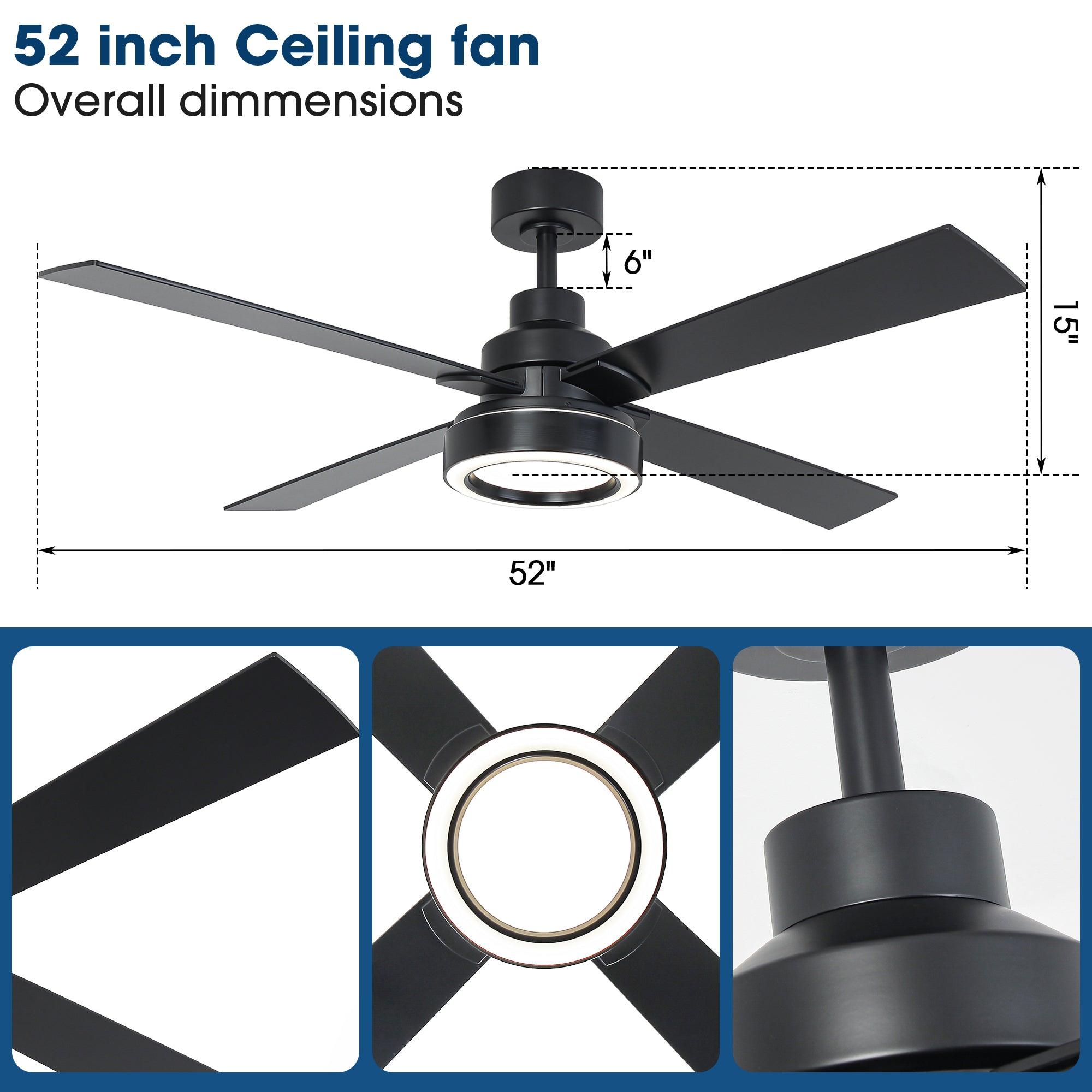 52 Inch Modern Ceiling Fan with LED Light & Remote Control - 4 Blades, DC Motor, Downrod Mount - Perfect for Living Room, Bedroom, and Office Spaces