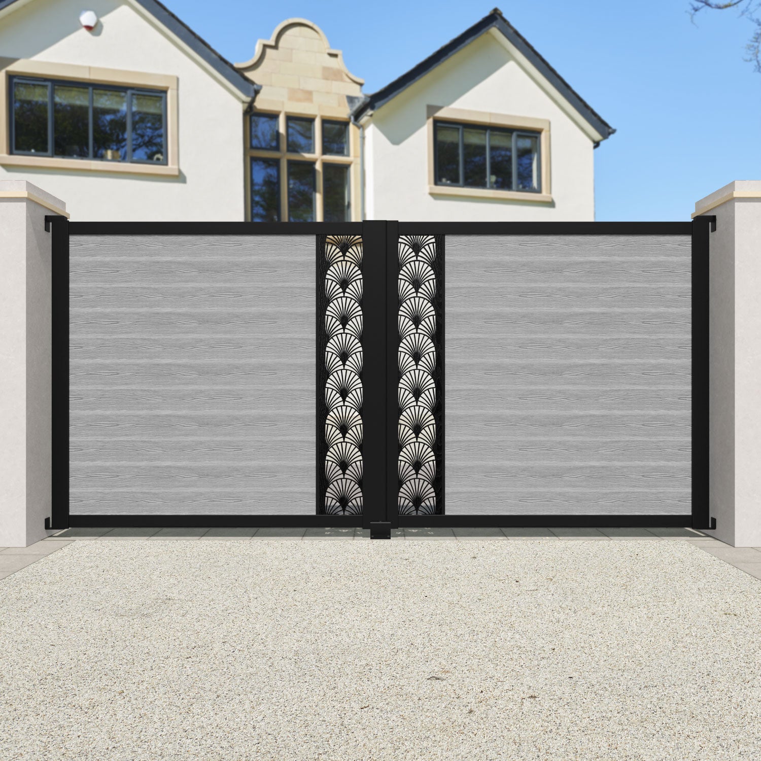 Classic Laurel Straight Top Driveway Gate - Light Grey with Middle Screen | Durable Metal Driveway Entrance Gate for Home Security & Curb Appeal | Perfect for Residential Driveways, Gardens & Property Boundaries