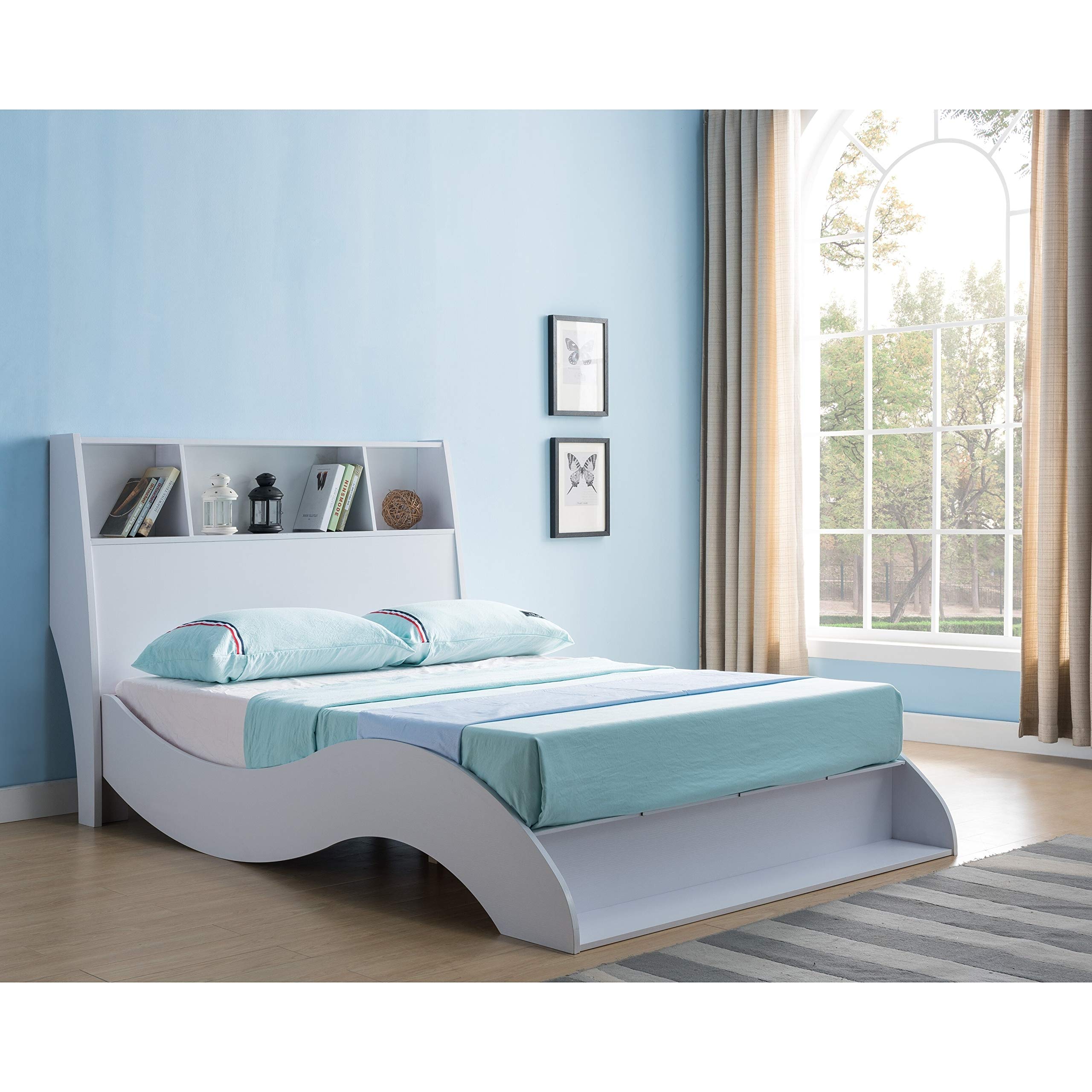 Overstock Tara White Platform Bed Queen Size - Modern Minimalist Bed Frame with Sturdy Wooden Slats for Bedroom, Guest Room, or Dorm