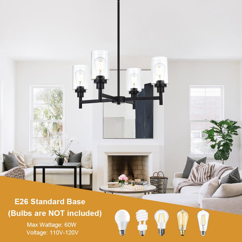 VINLUZ 4-Light Black Farmhouse Chandelier with Clear Glass Cylinder Pendant - Rustic Kitchen Lighting Fixture for Dining Room, Bedroom, Living Room & Entryway | Perfect for Farmhouse, Industrial & Modern Home Decor