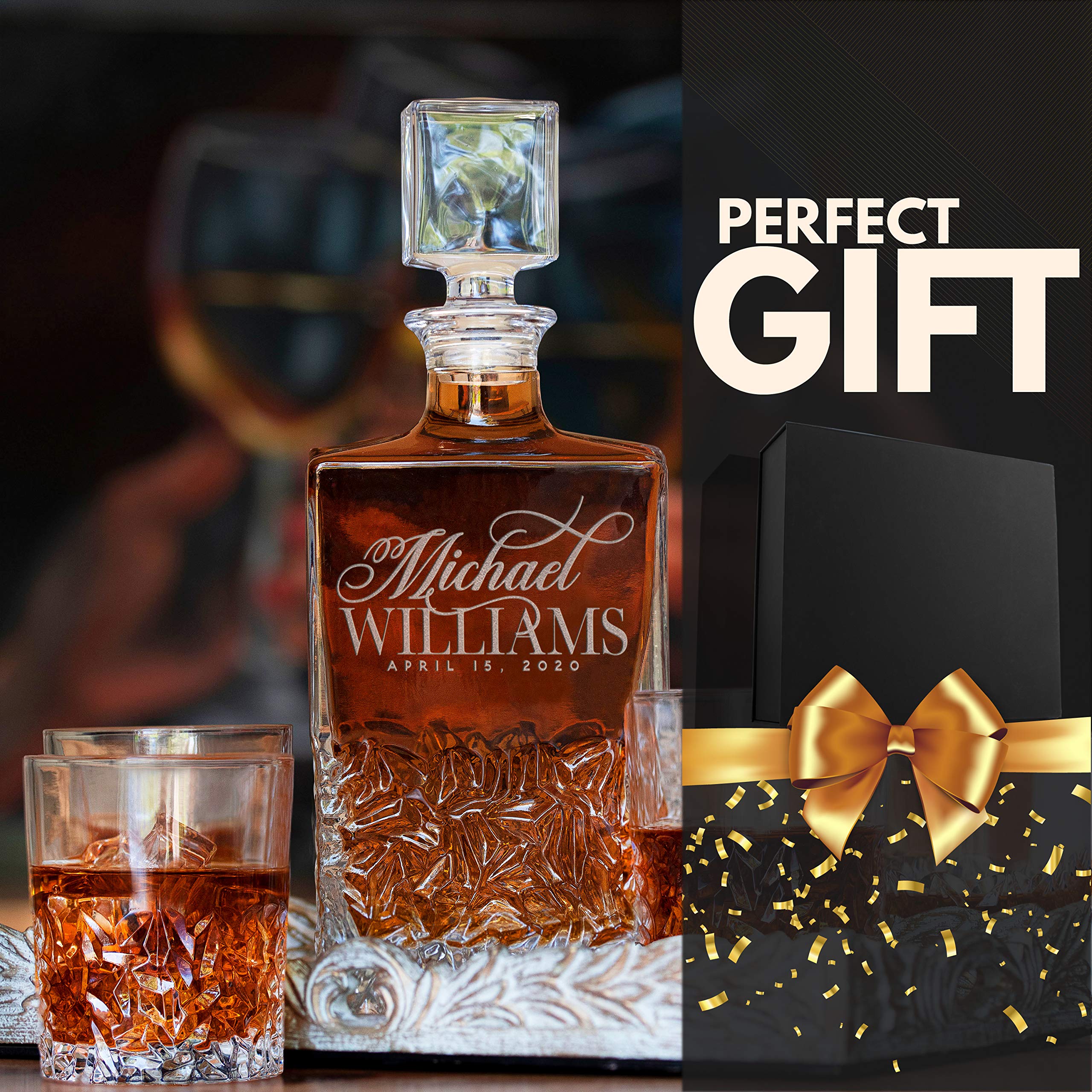 Personalized Whiskey Decanter and Glass Gift Set with Engraving - 800ml Crystal Decanter & 2 Glasses - Perfect for Bourbon, Scotch, Retirement, Anniversary & Housewarming Gifts - Elegant Gift Box Included - Ideal for Home Bars, Man Caves & Special Occasions