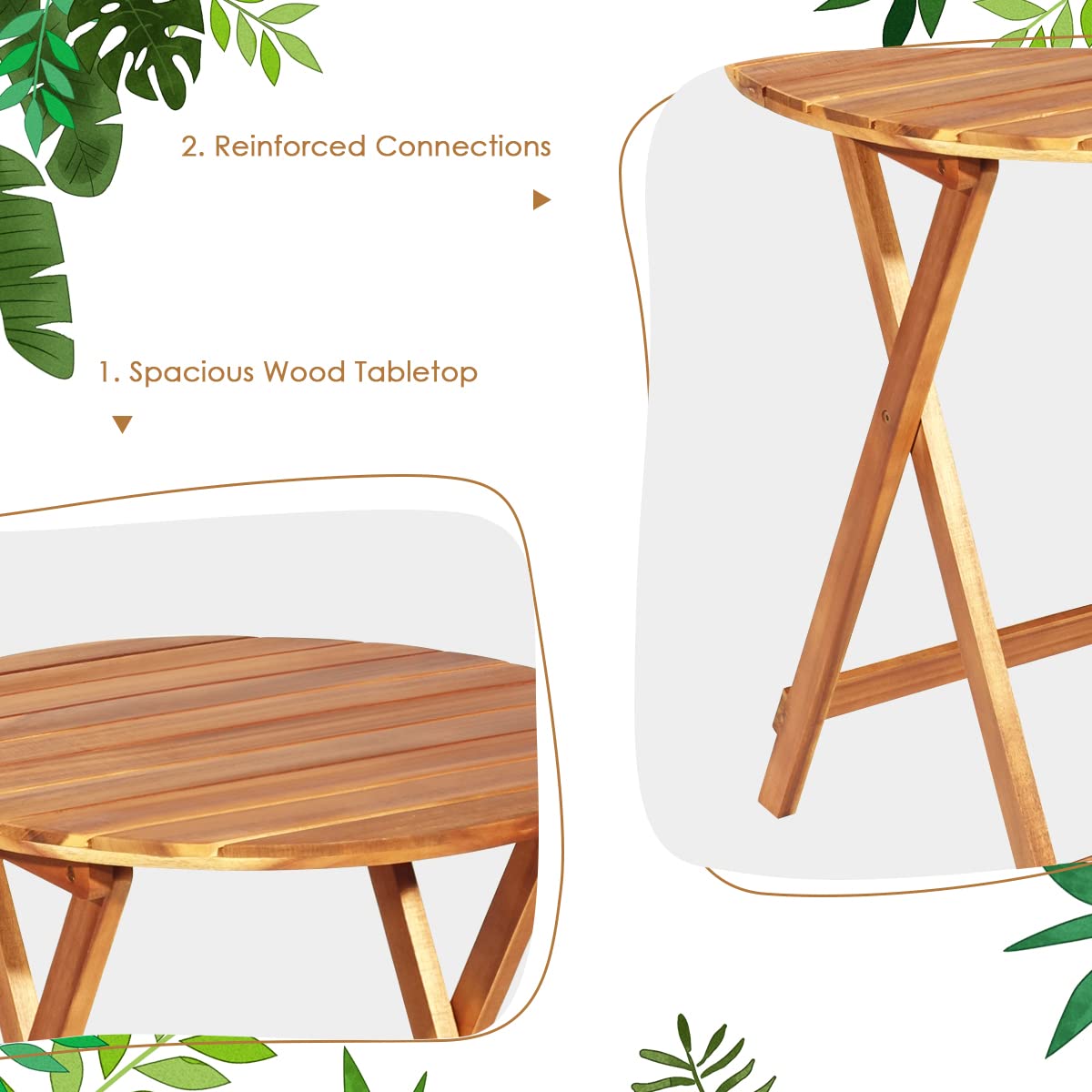 Giantex 3-Piece Patio Bistro Set - Wooden Folding Table with 2 Cushioned Chairs, Outdoor Garden Furniture for Yard, Deck, or Balcony - Natural & Red Wood Finish - Perfect for Small Spaces, Morning Coffee, and Outdoor Dining