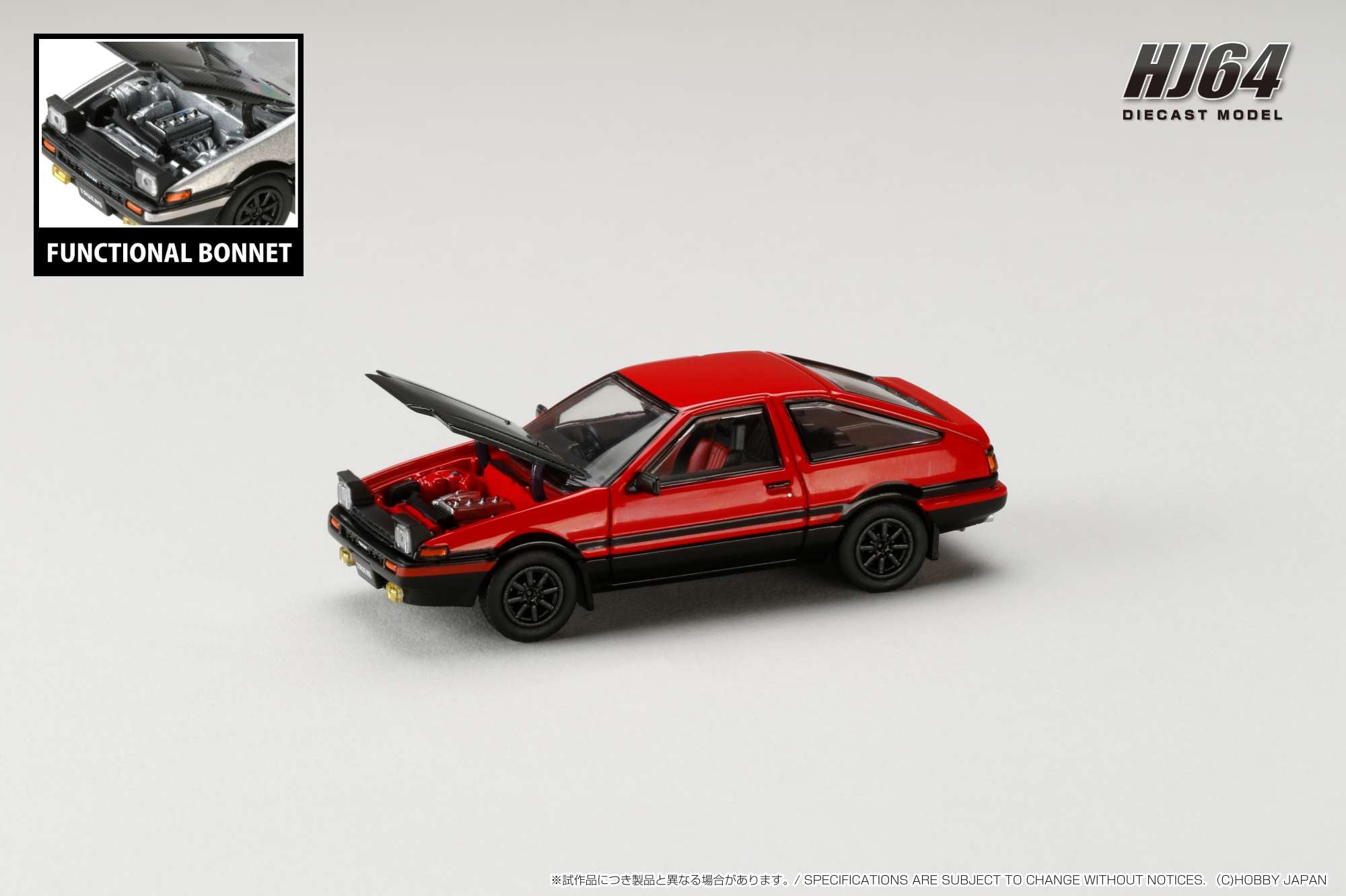 1:64 Toyota Sprinter Trueno GT Apex (AE86) Diecast Model Car - Red & Black with Carbon Fiber Hood - Collectible Japanese Hobby Car for Display & Racing Scenes