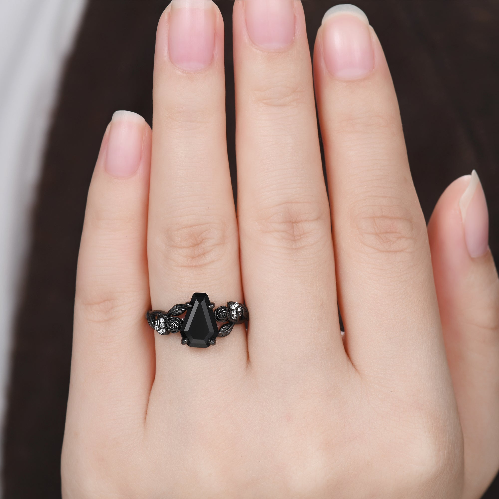 Black Onyx Coffin Gothic Engagement Ring - Unique Black Gold Flower Design for Women | Nature Inspired Alternative Wedding Band, Gothic Jewelry for Dark Romance & Vampire Themed Weddings