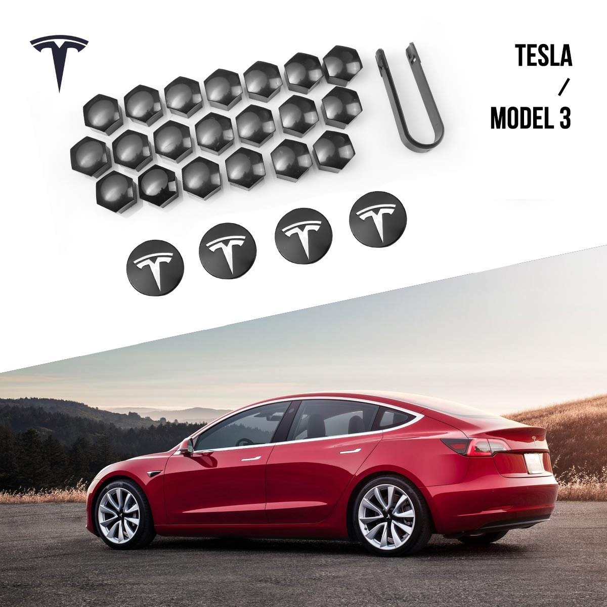 Premium Tesla Model 3 Wheel Cap Kit - 50pcs Chrome Lug Nut Covers with Puller Tool & Logo Hub Caps (Silver Grey) - Perfect for Wheel Protection & Luxury Style Enhancement