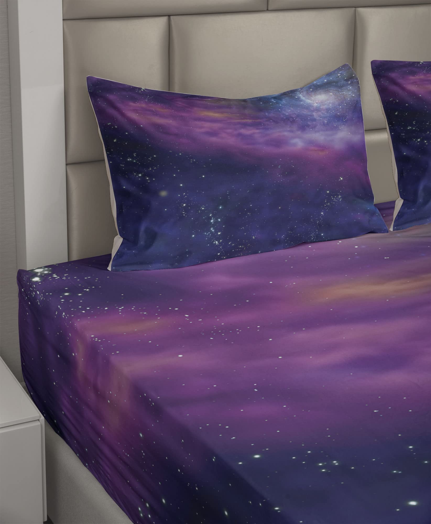 Ambesonne Outer Space Queen Sheet Set - 4 Piece Galaxy Bedding with Milky Way & Star Clusters Design, Purple & Blue Solar System Theme - Fitted Sheet, Flat Sheet & 2 Pillowcases - Perfect for Astronomy Lovers & Space-Themed Bedrooms