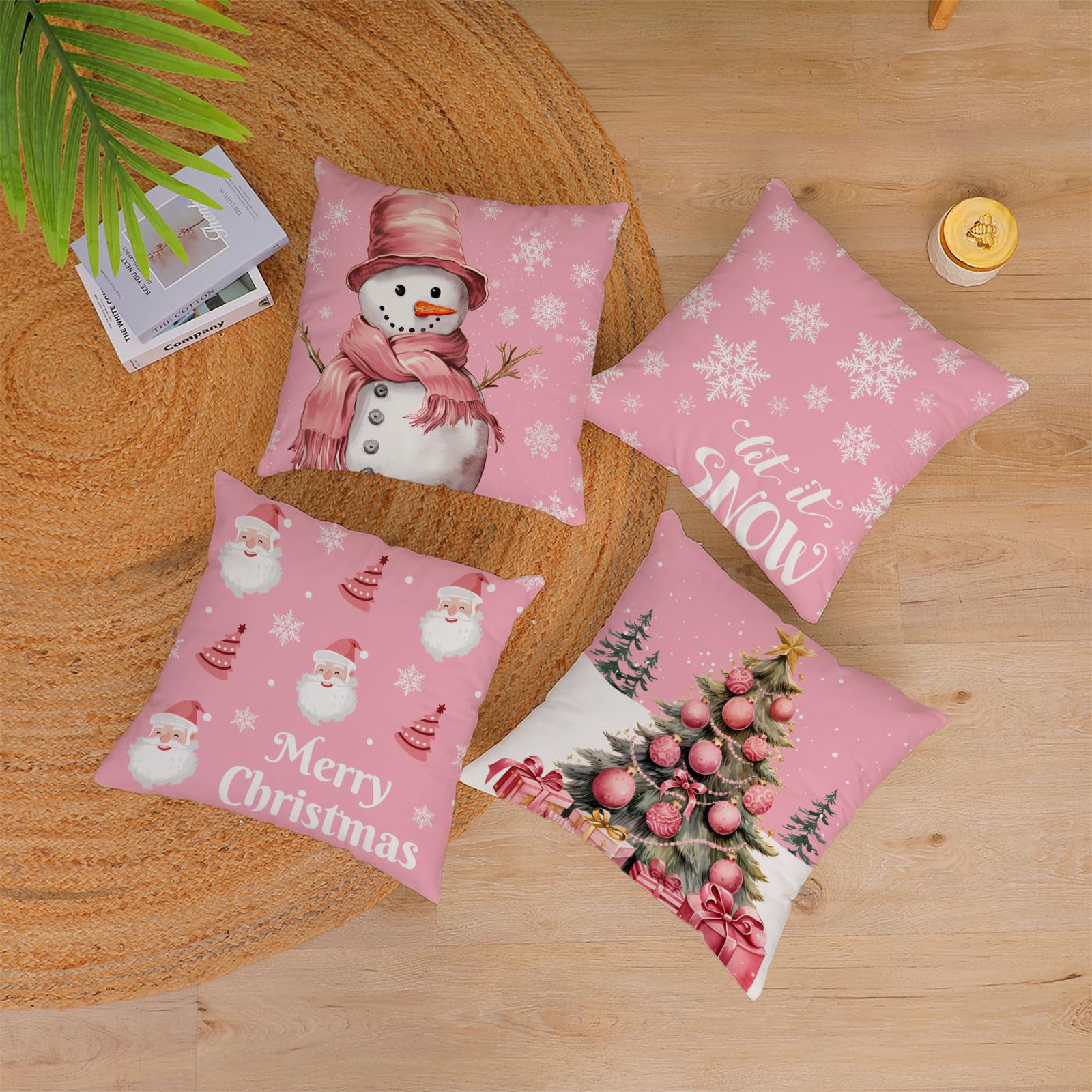 Festive Christmas Pillow Covers Set of 4 - 22x22 Inch Velvet Holiday Throw Pillowcases with Christmas Tree & Snowman Designs in Pink - Perfect for Sofa, Couch, Bed & Outdoor Decor During Winter Holidays