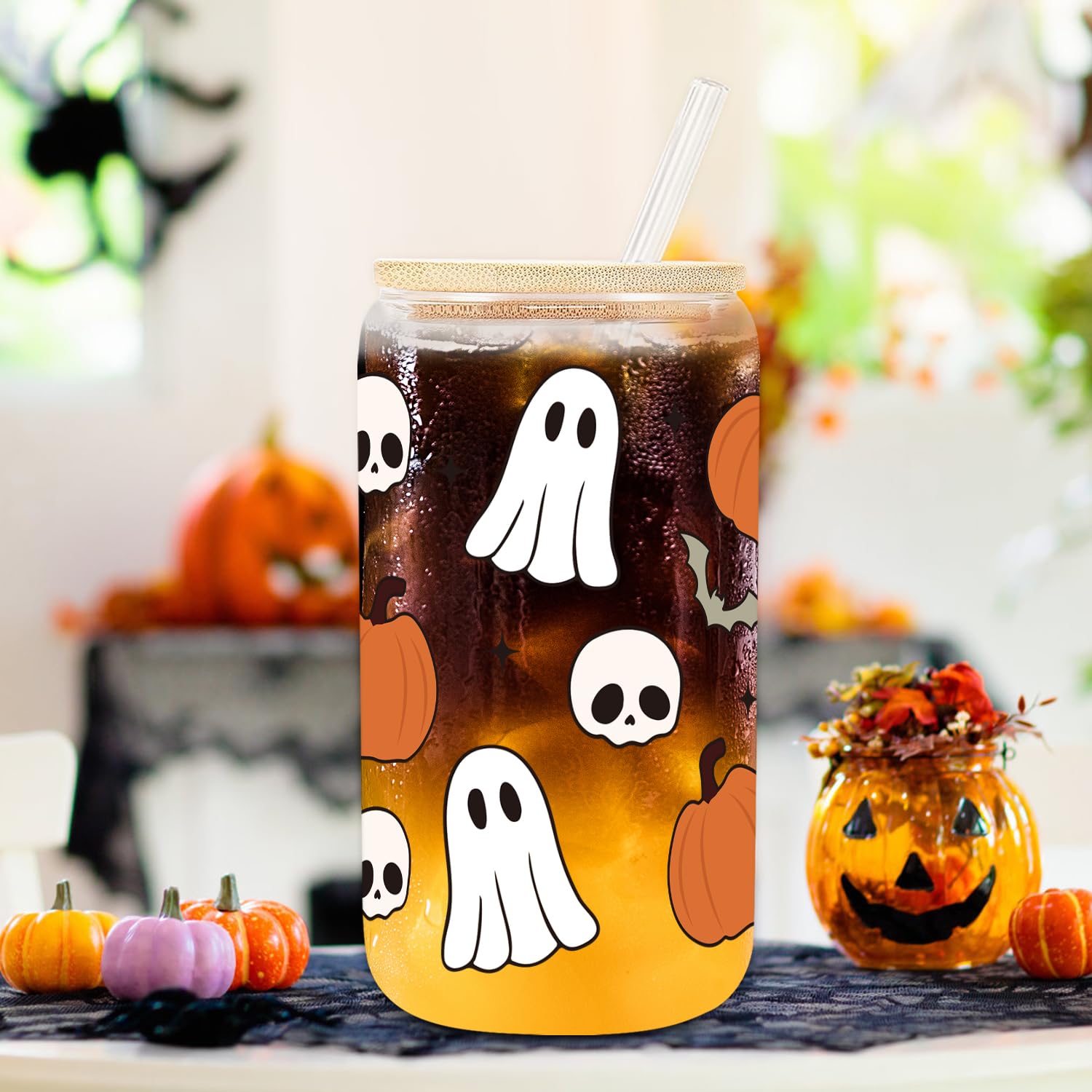 UAREHIBY 18oz Halloween Glass Tumbler with Lid & Straw - Ghost, Pumpkins, Bats & Skulls Design - Spooky Coffee Mug for Women - Perfect for Halloween Parties, Office Use & Gift Giving