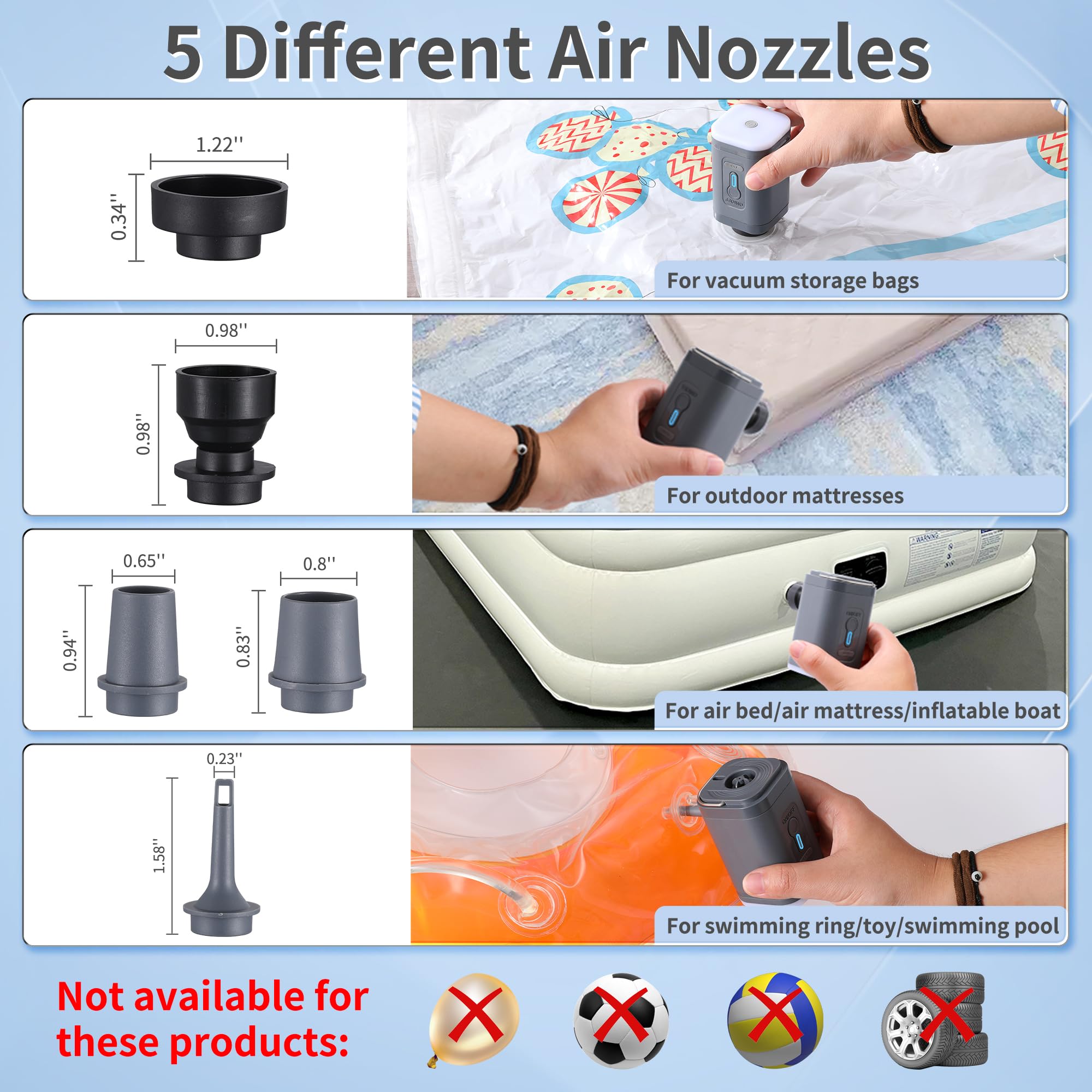 Portable Electric Air Pump for Inflatables - 5 Nozzle Mini Vacuum Pump with 3 LED Camping Lights | Quick Inflation for Air Mattress, Pool Floats, Boat Toys, Yoga Balls, Swim Rings & Storage Bags | Perfect for Camping, Travel, Beach & Home Use