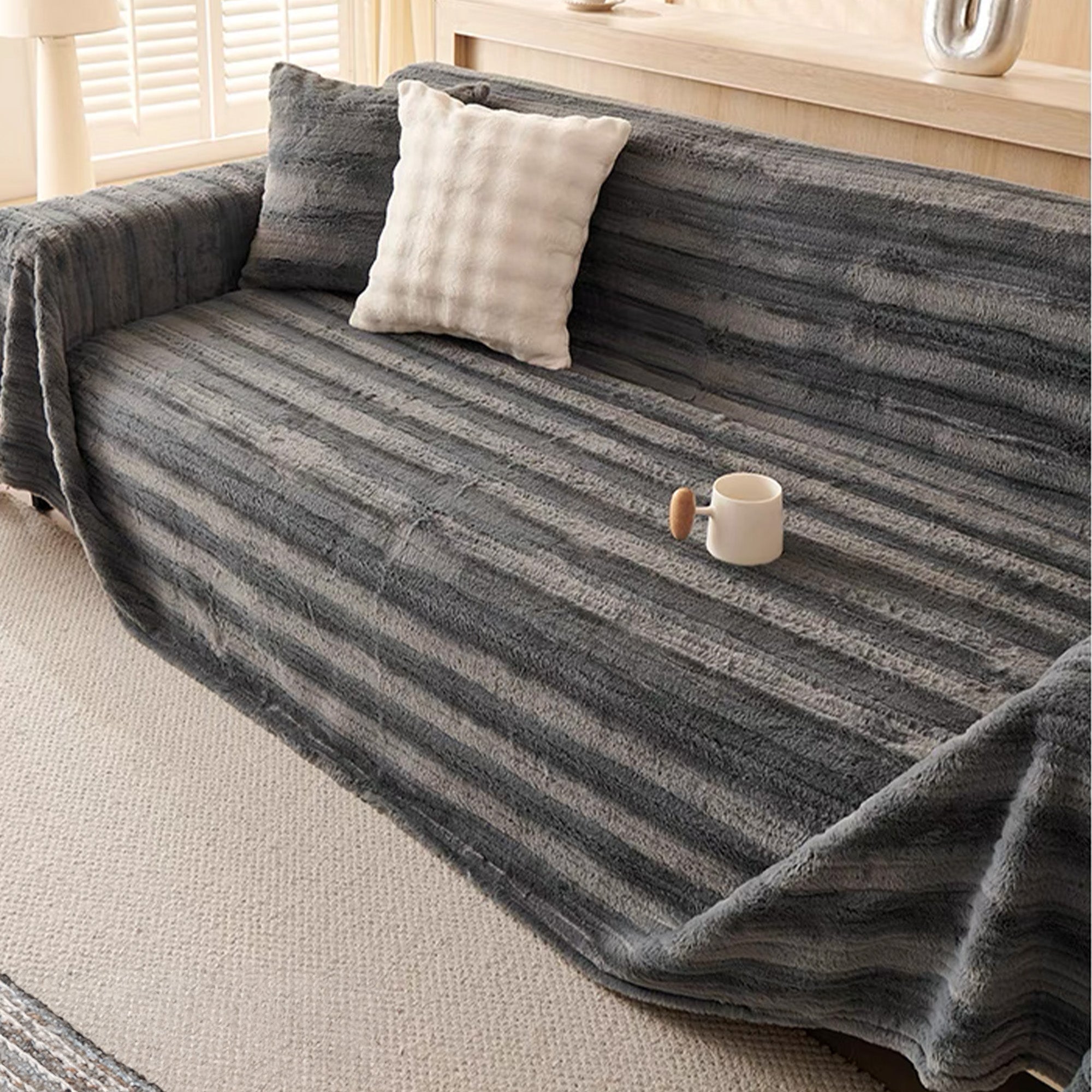 Soft Plush Striped Sofa Cover - Stretchable Couch Slipcover for Pets & Kids - Perfect for Living Room, Bedroom, and Home Decor Protection