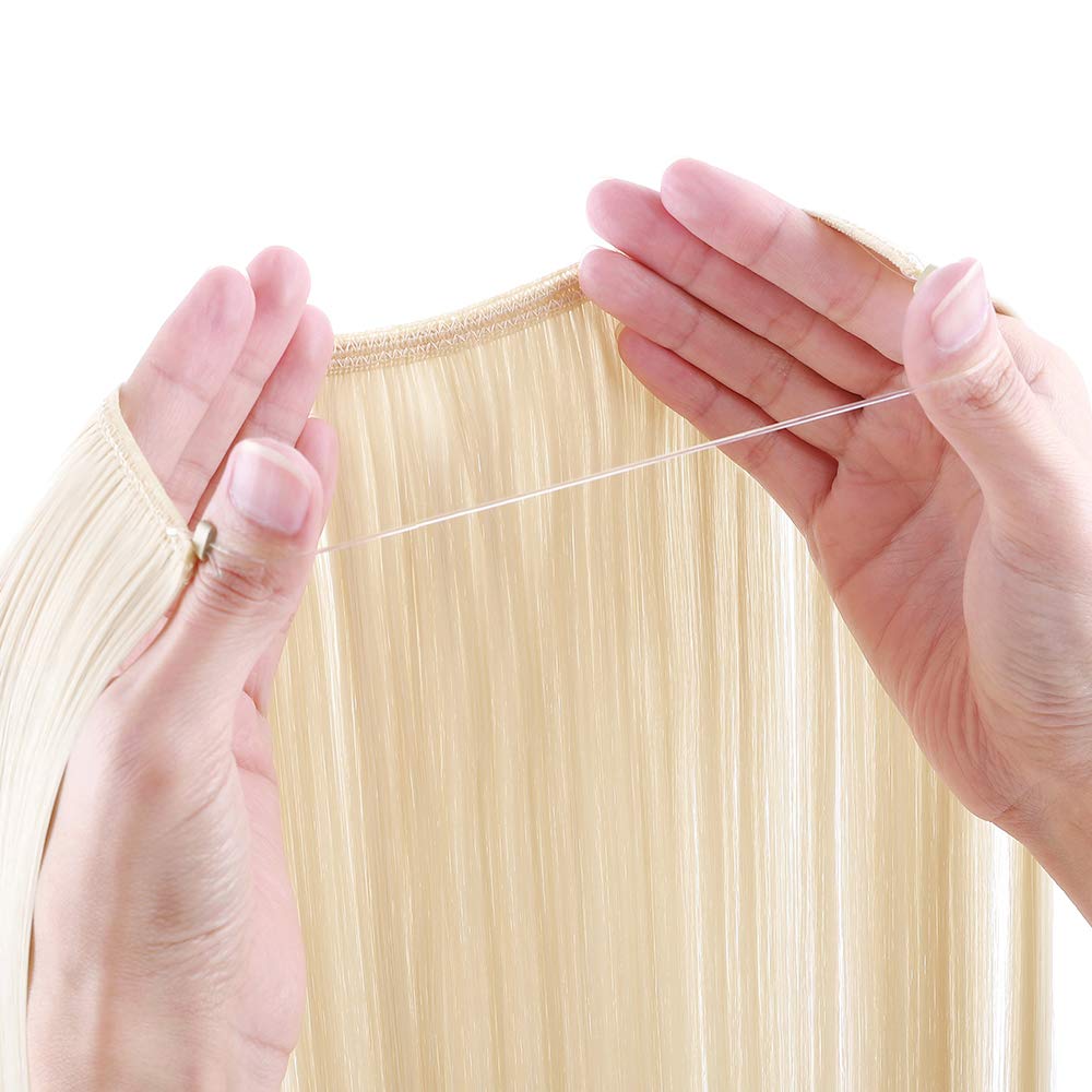 Silk-co One Piece Wire in Hair Extensions - 24 Inch Long Straight Synthetic Hairpiece, No Clip, Bleach Blonde | Perfect for Cosplay, Costumes, and Styling