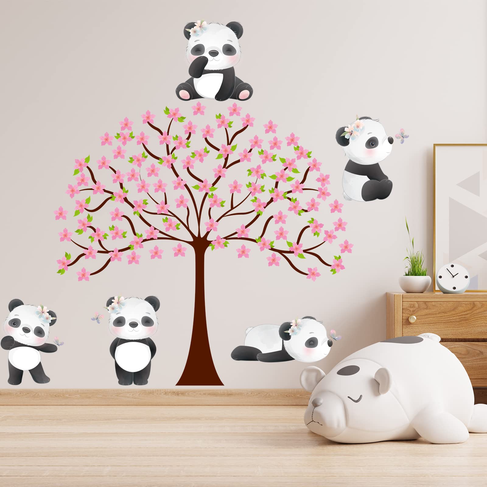 Panda Cherry Blossom Tree Wall Decal - Cute Baby Animals Nursery Wall Stickers, Panda Themed Kids Room Decor - Perfect for Nursery, Bedroom & Playroom Wall Art