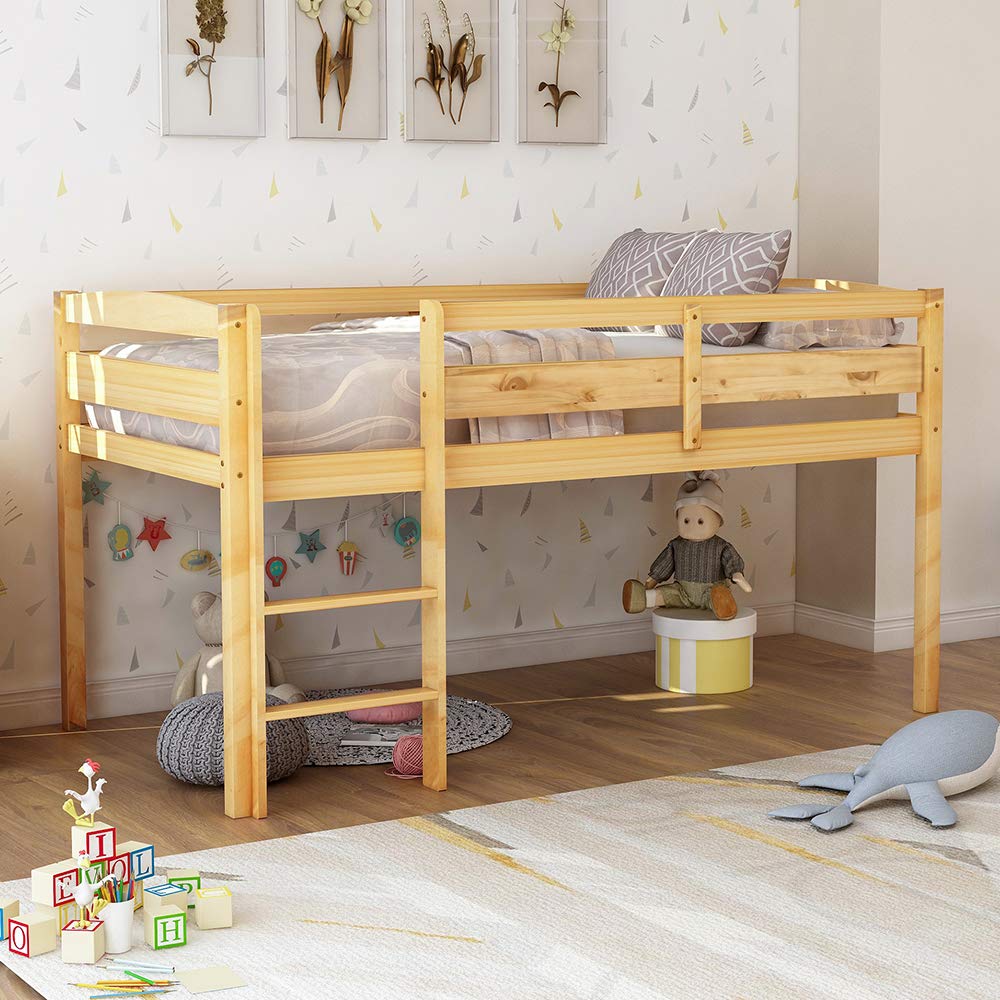 Rockjame Wood Twin Loft Bed Frame with Ladder & Guardrails - Low Profile, No Box Spring Needed, Easy Assembly (Natural Finish) - Perfect for Kids Rooms, Small Spaces & Dorm Rooms