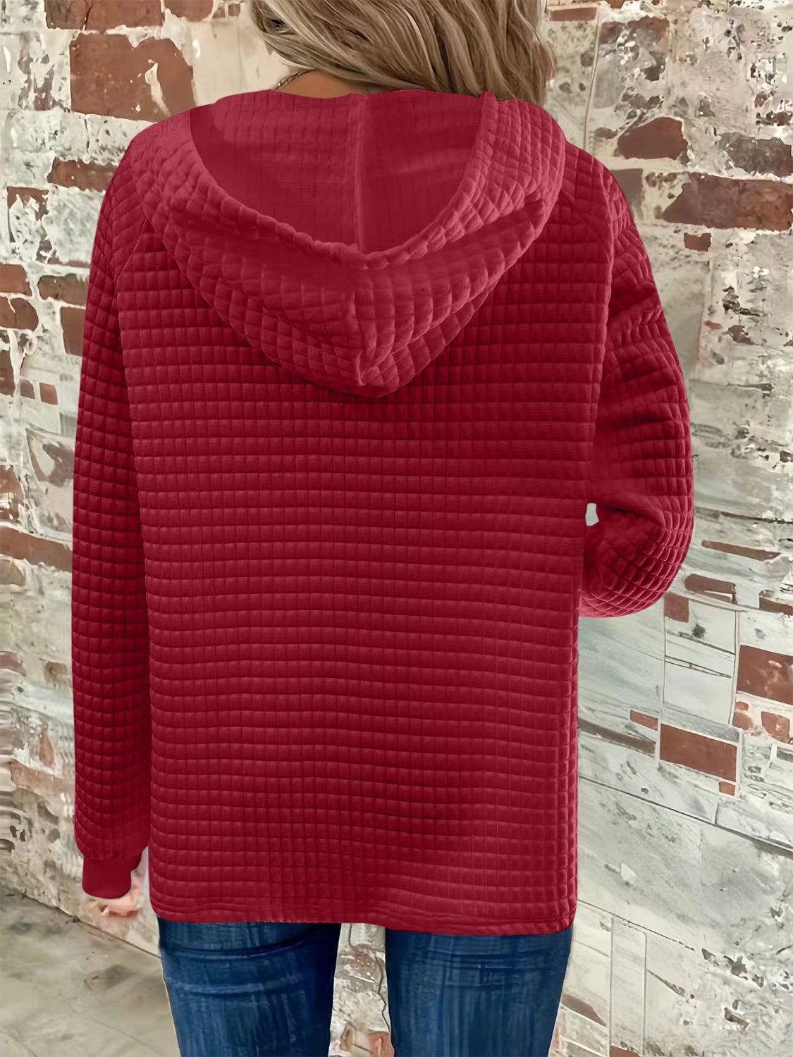 Full Size Textured Button Detail Drawstring Long Sleeve Hoodie for Men & Women - Cozy Casual Wear for Fall Winter Outdoor Activities