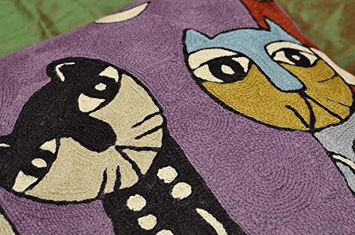 Hand Embroidered Abstract Cat Pillow Cover - 18x18 Inch Purple Picasso Cat Face Cushion | Soft Wool Kitty Accent Pillow for Sofa & Bed | Perfect Gift for Cat Lovers | Home Decor & Cozy Living Room Accessory