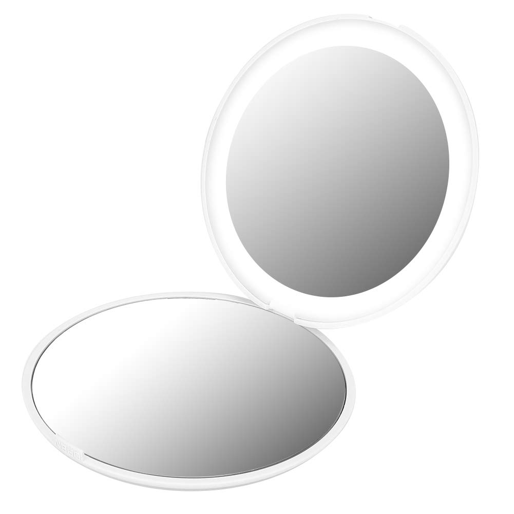 Brrnoo LED Lighted Travel Compact Makeup Mirror - 10X Magnification Portable Folding Mirror for Women, Perfect for Travel, Home, Office & Purse (White) | Great Gift Idea for Makeup Lovers