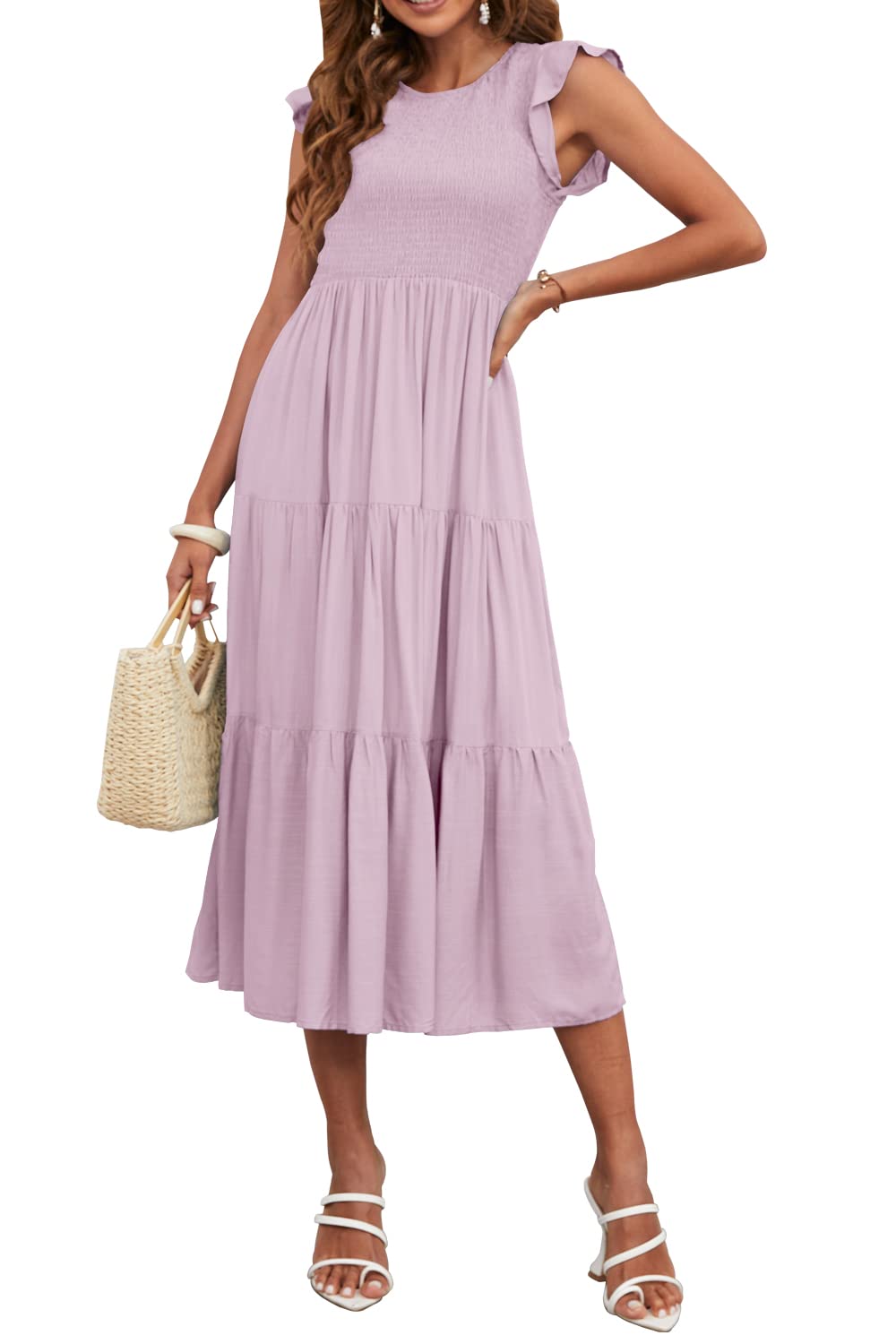 Kalssior Women's Summer Casual Midi Dress - Smocked Crewneck, Flutter Short Sleeve, Boho Tiered Maxi Dress for Beach, Vacation & Outdoor Activities