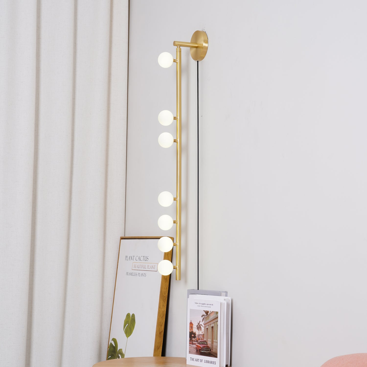 Vintage Brass Wall Sconce with Glass Tube Shade - Plug in Wall Lamp for Bedroom, Living Room, or Hallway Lighting
