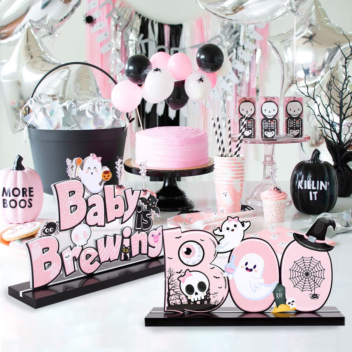 Brewing Baby Shower Decorations Set of 3 - Pink Halloween Wooden Centerpiece Signs for Baby Shower, Gender Reveal & Spooky Party Decor | Perfect for Halloween Baby Showers, Nursery Decor and Themed Party Table Settings