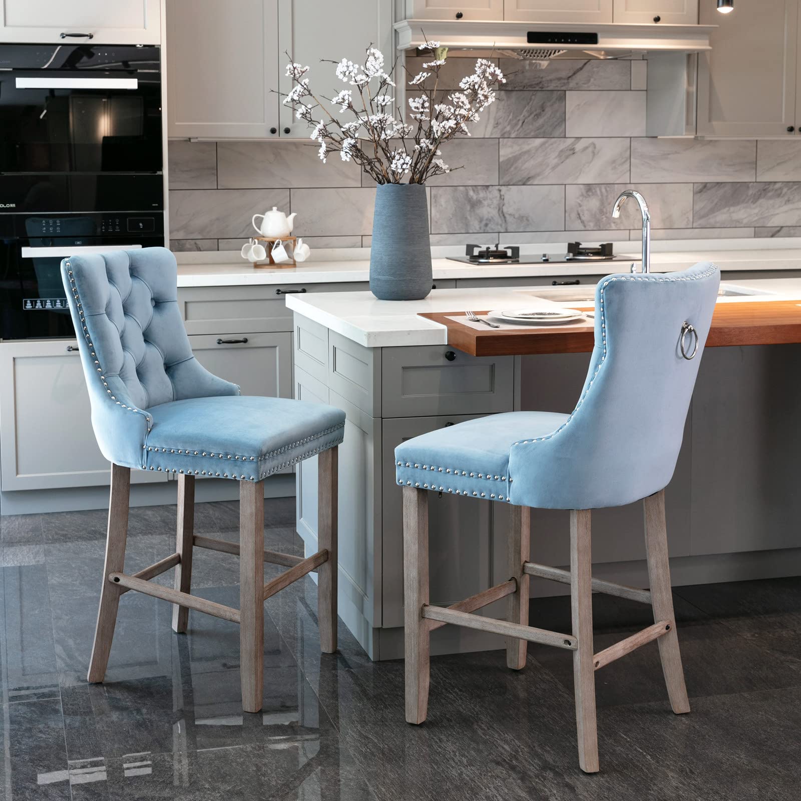 LZ LEISURE ZONE 2-Piece Velvet Upholstered Counter Height Bar Stools Set - Button Tufted Decor, Chrome Nailhead Trim & Back Ring, 27.2