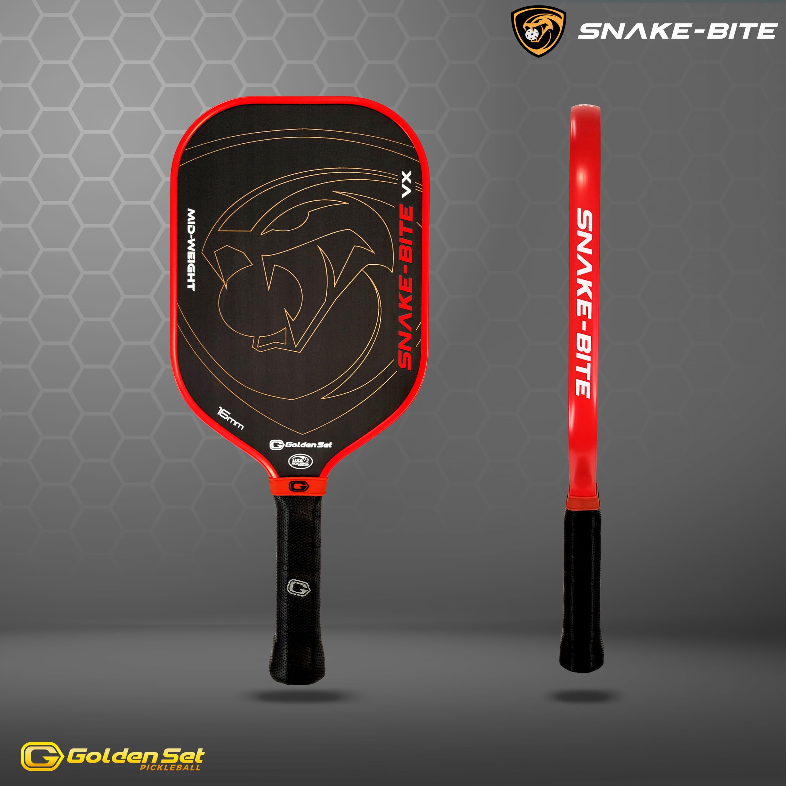 Premium Golden Set Snake-Bite VX Pickleball Paddle - USAP Approved Thermoformed T-700 Carbon Fiber Mid-Weight Paddle for Competitive Play & Tournament Use - Perfect for Outdoor & Indoor Pickleball Games