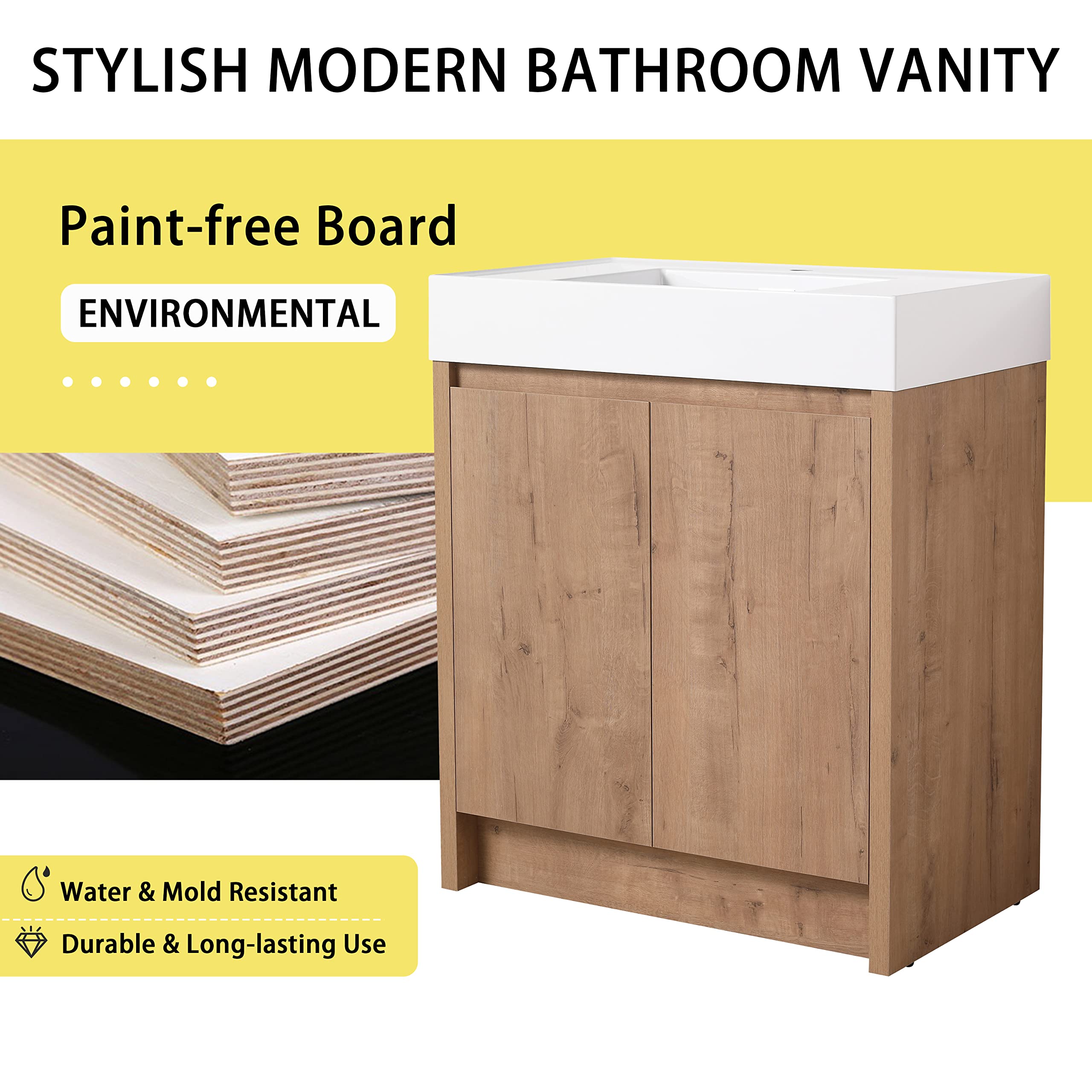30 Inch Freestanding Bathroom Vanity with Sink - Modern Single Sink Vanity Combo, Brown Floor Standing Cabinet Set for Small Bathroom, Powder Room or Master Bath Remodel