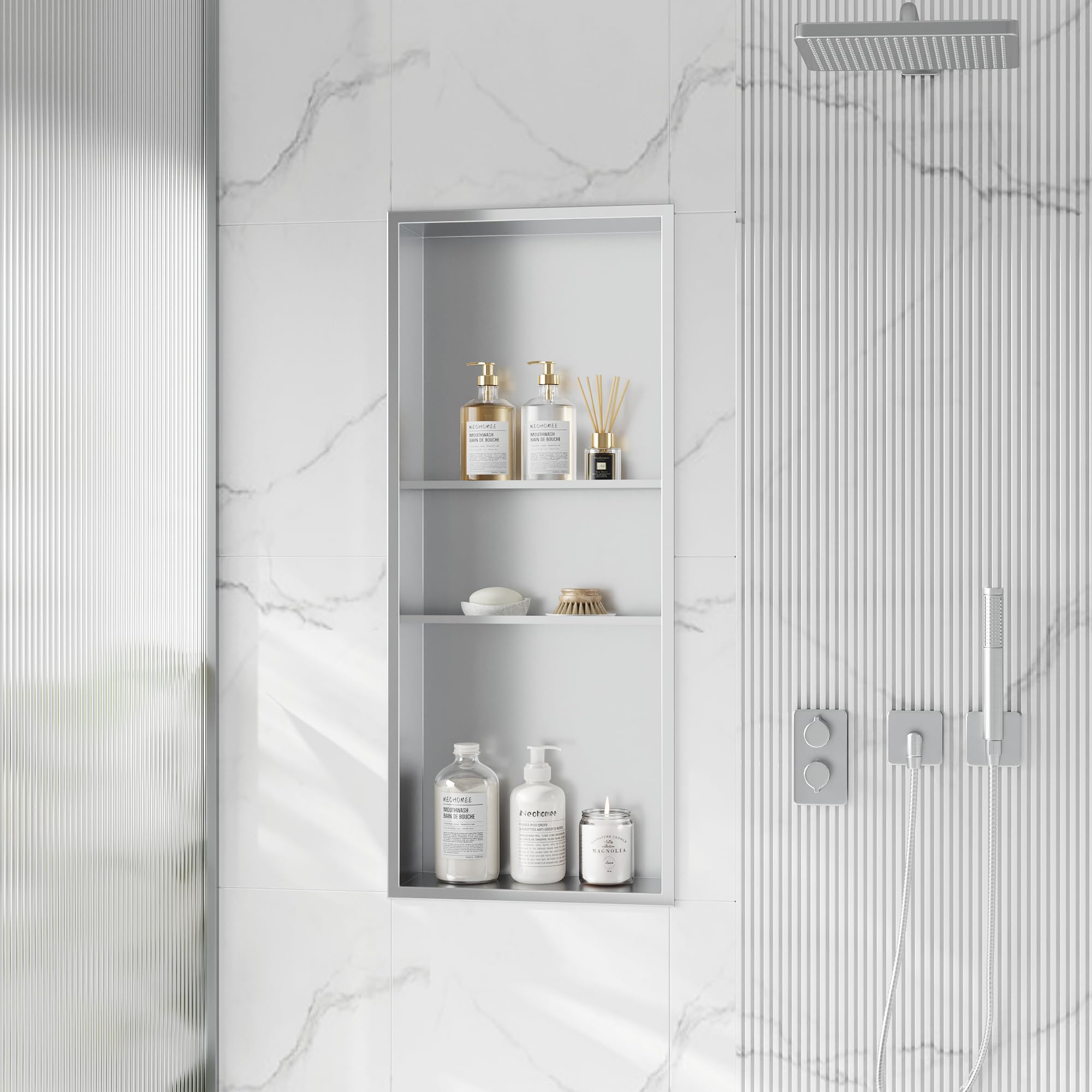 12x30 Inch Neodrain Shower Niche - 3 Layer Brushed Stainless Steel Recessed Bathroom Storage Shelf | Waterproof Shower Organizer for Shampoo, Soap & Bath Essentials