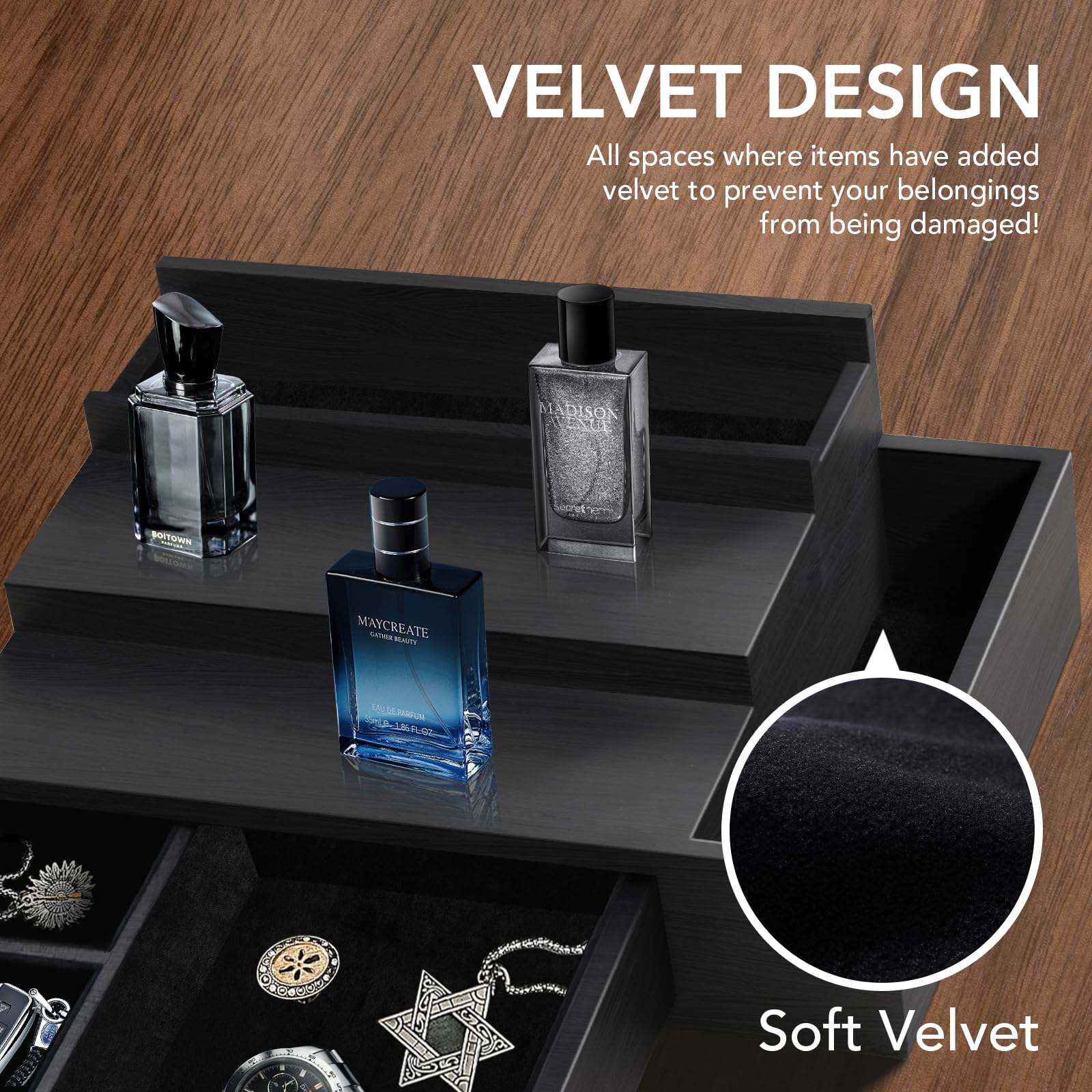 3-Tier Cologne Stand Organizer for Men - Velvet Lined Drawer & Compartments for Watch, Jewelry & Perfume Display | Perfect Gift for Father | Bathroom Countertop & Dresser Organizer for Fragrance Collection