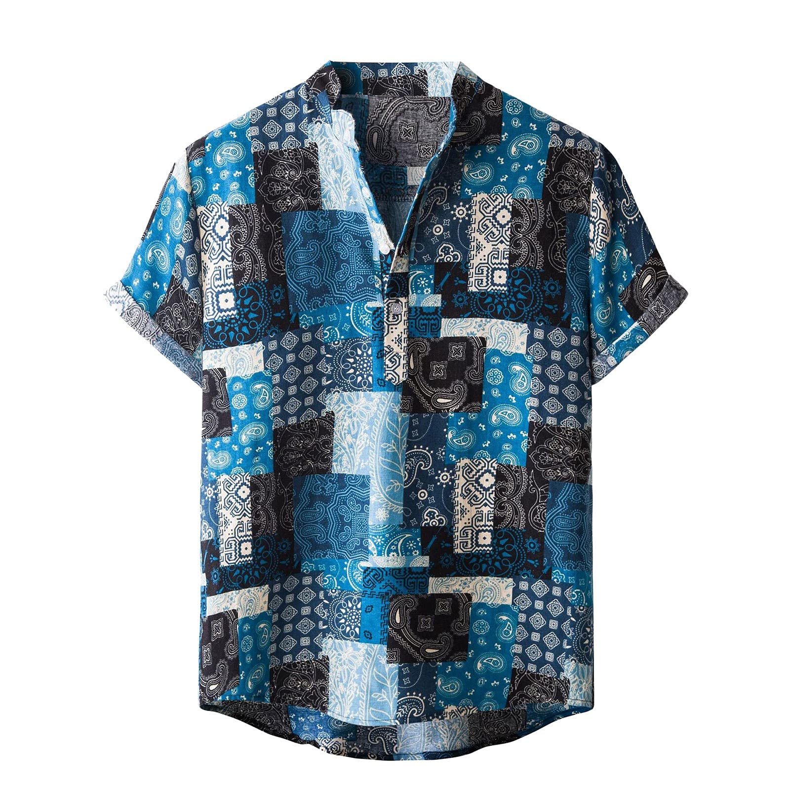 QWENTMTNTY Men's Fashion Collar Short Sleeve Cotton-Linen Blouse - Breathable Summer Print Shirt for Workout, Casual & Outdoor Activities