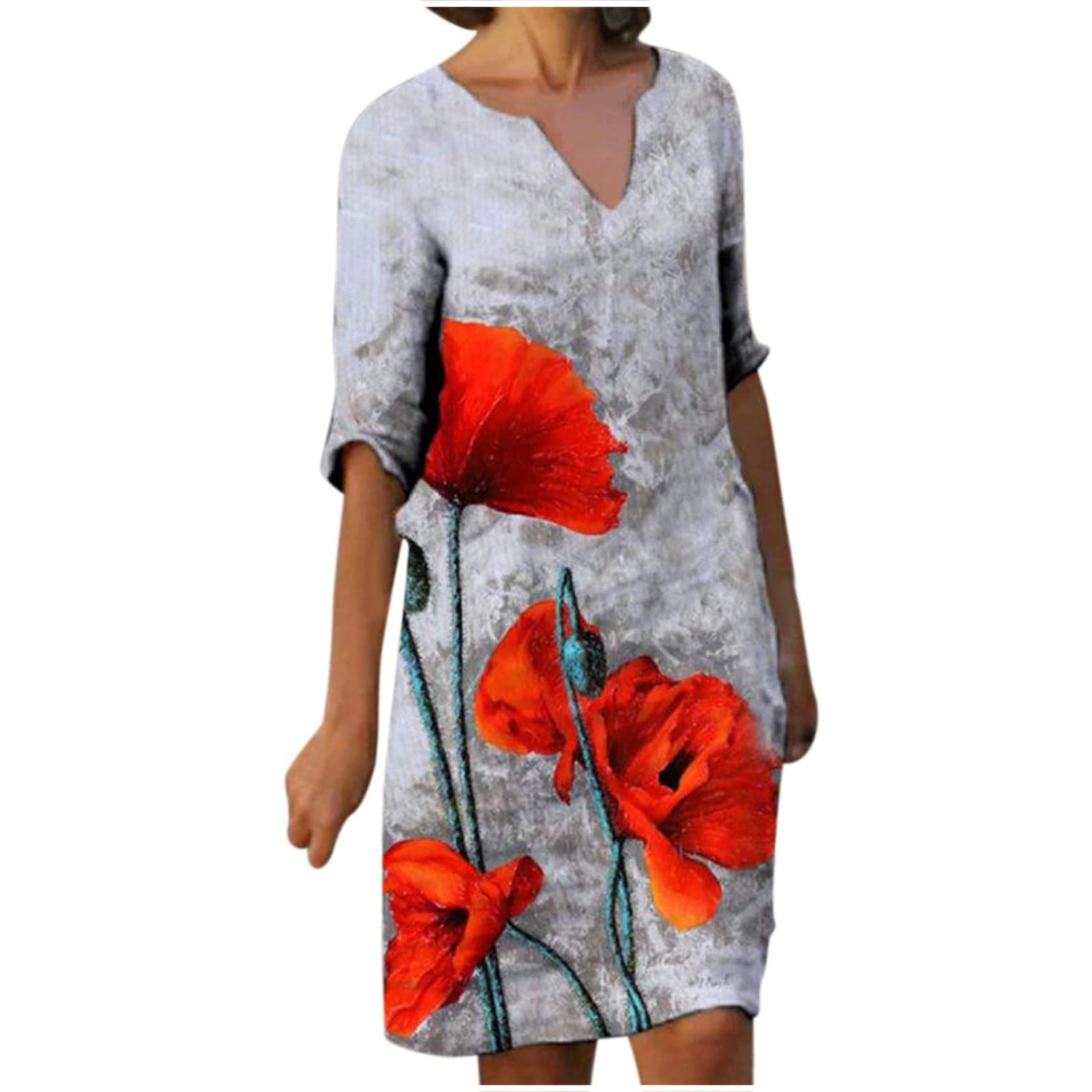 FAVIPT Women's Floral Summer Dress 2022 - Casual Half Sleeve Knee-Length Vintage Sundress for Wedding Guest, Beach Vacation & Outdoor Party Wear