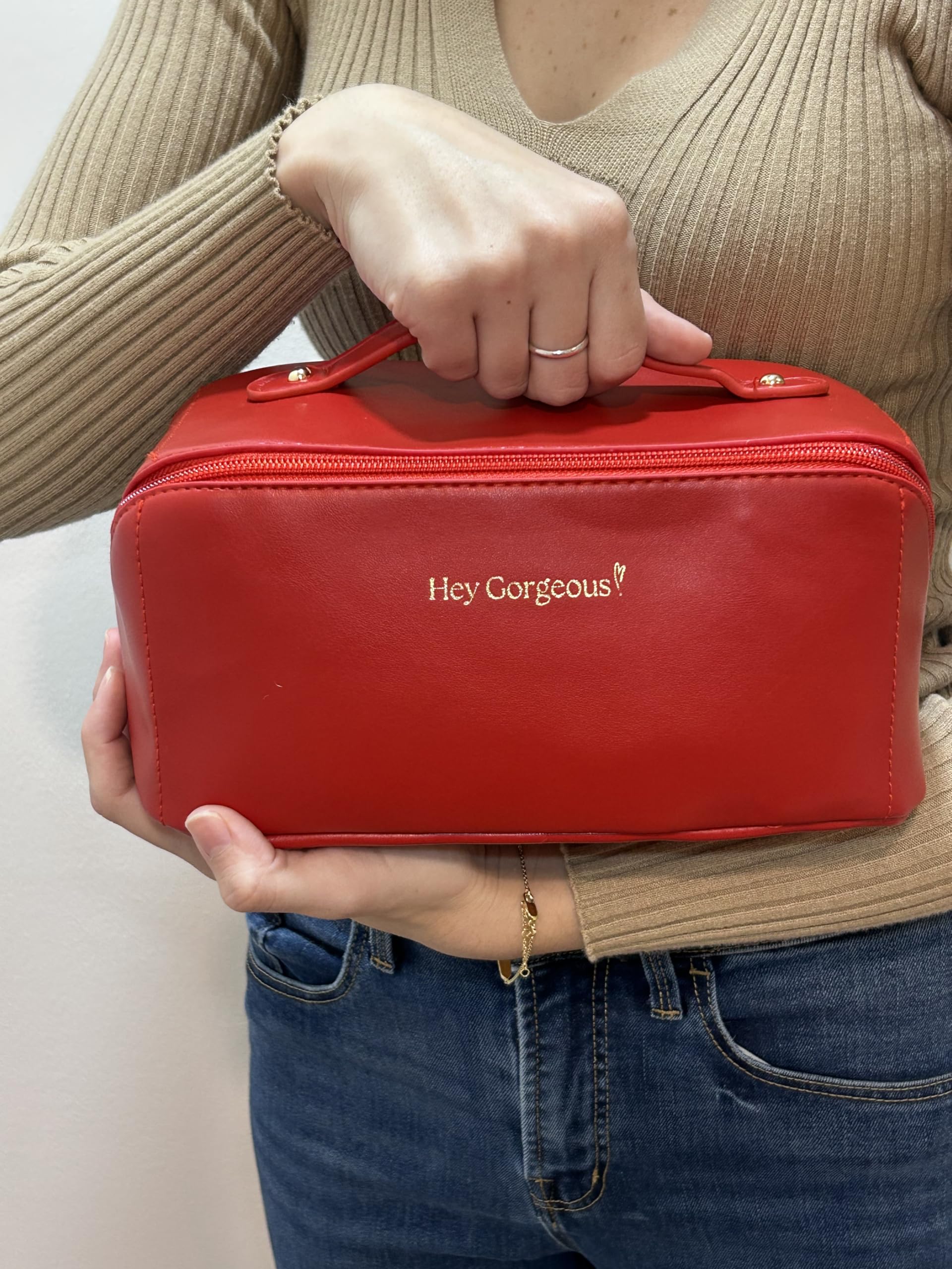 Large Waterproof Travel Makeup Bag - Spacious Cosmetic Organizer with Fixed Divider | Portable Toiletry Case for Skincare, Brushes & Beauty Accessories | Durable Handle & Red Velvet Design | Perfect for Vacations, Gym & Daily Use