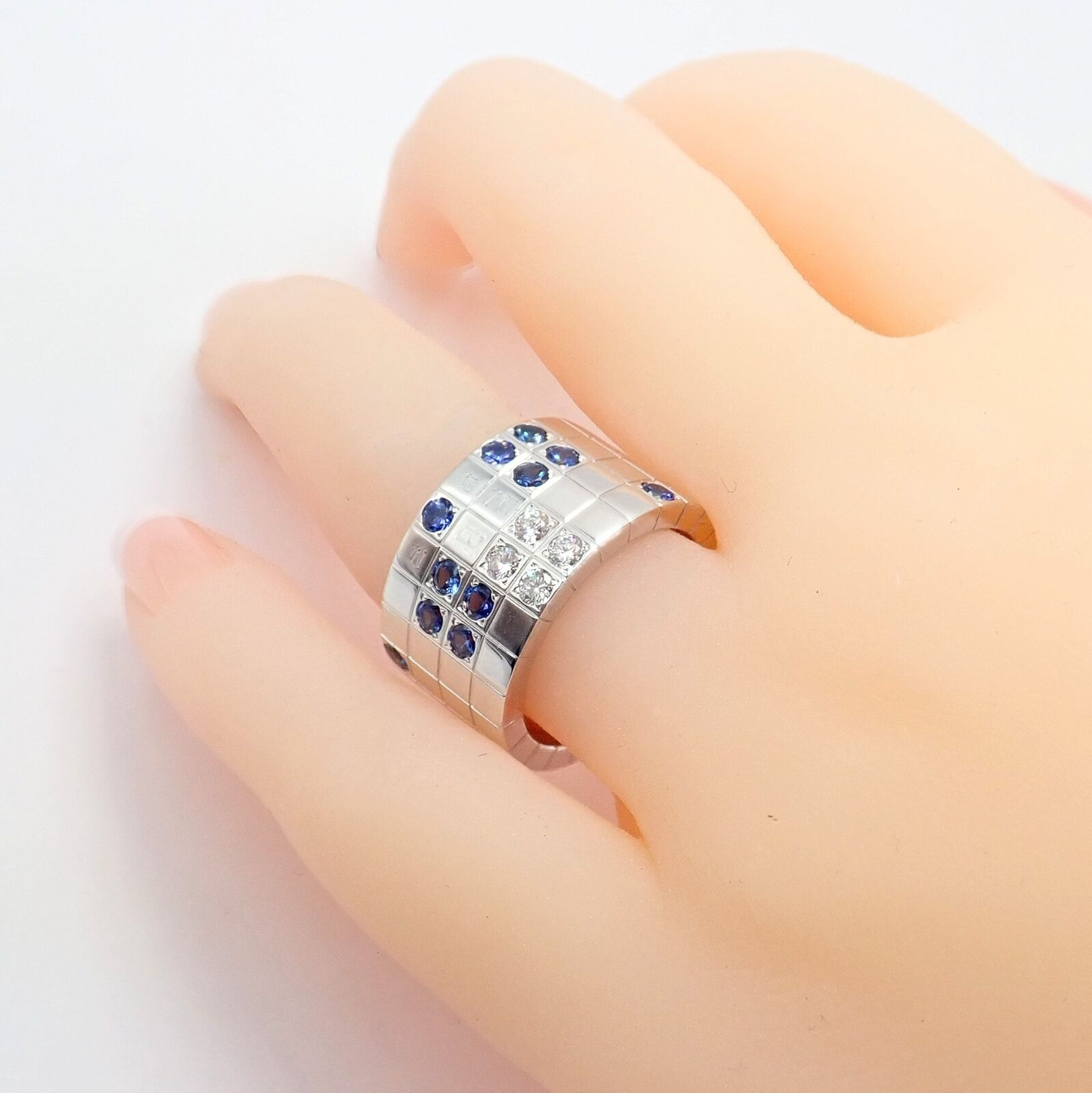Cartier 18k White Gold Lanieres Diamond & Blue Sapphire Wide Band Ring - Size 6.5 (US 53) - Luxury Wedding Band, Anniversary Gift for Her, Elegant Jewelry for Special Occasions