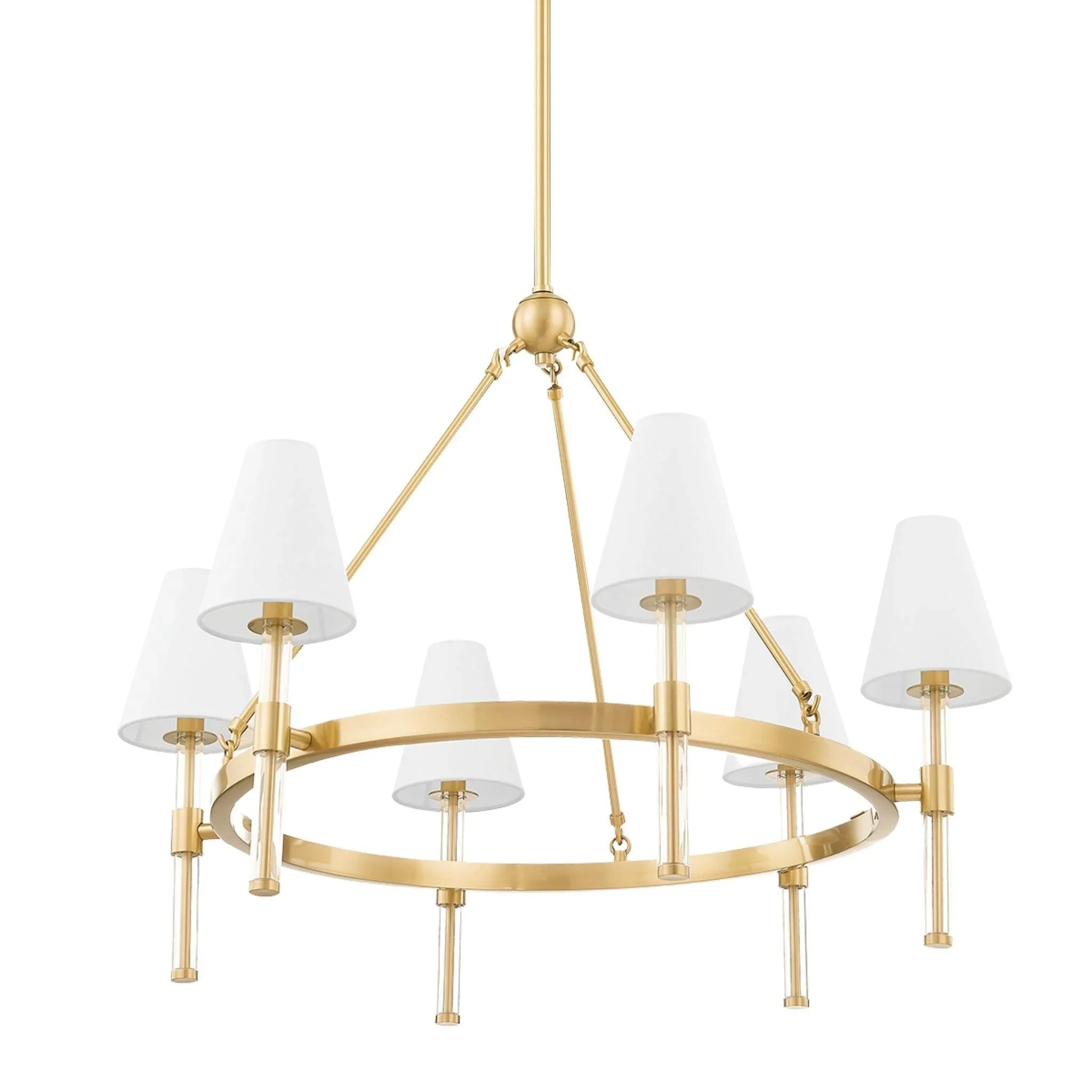 Vintage Aged Brass & Acrylic Janelle Chandelier with White Linen Shades - Elegant Dining Room Lighting for Farmhouse & Modern Decor