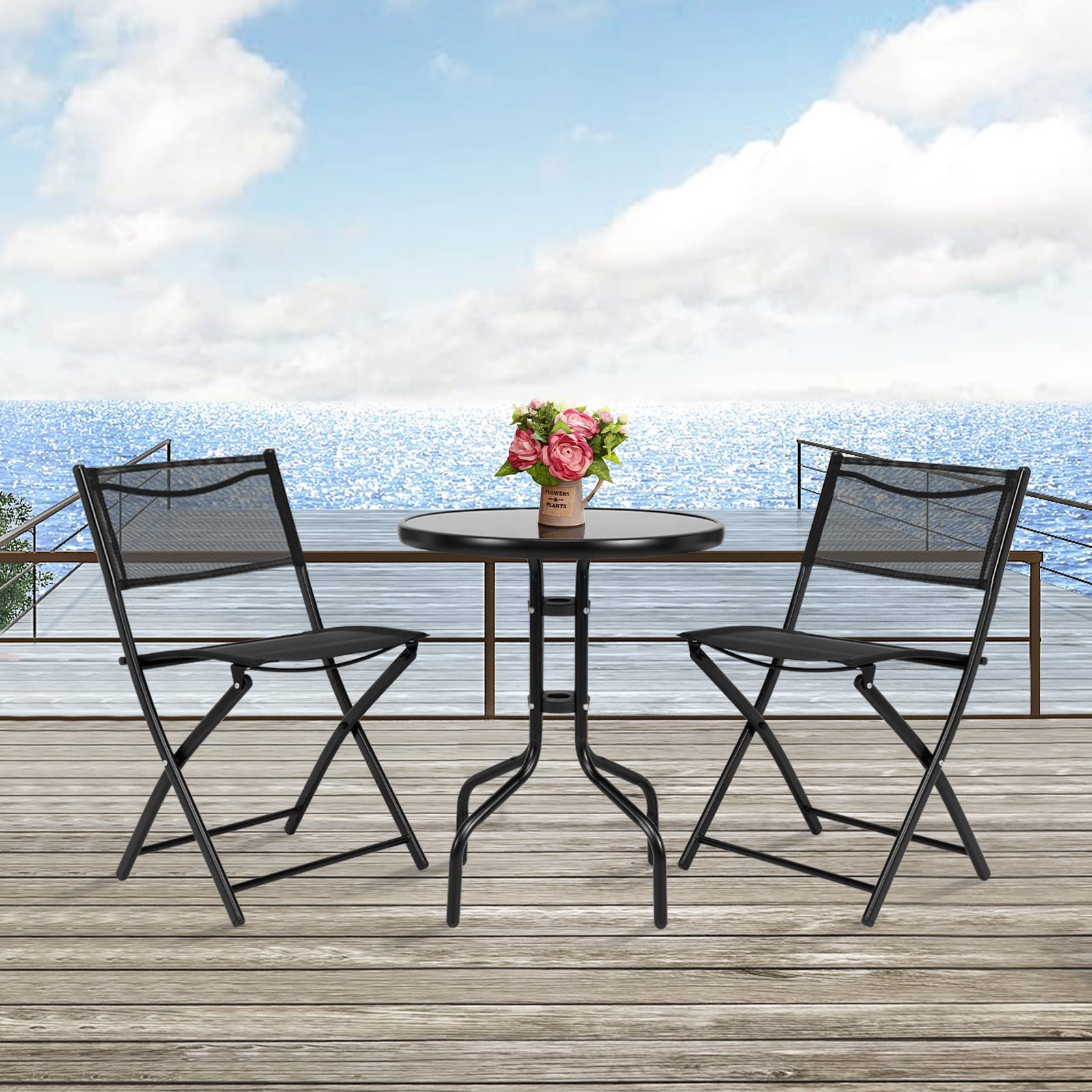 HappyGrill 3-Piece Bistro Set - Round Coffee Table & 2 Folding Chairs for Outdoor Dining - Perfect for Balcony, Garden, Backyard, Patio & Small Spaces