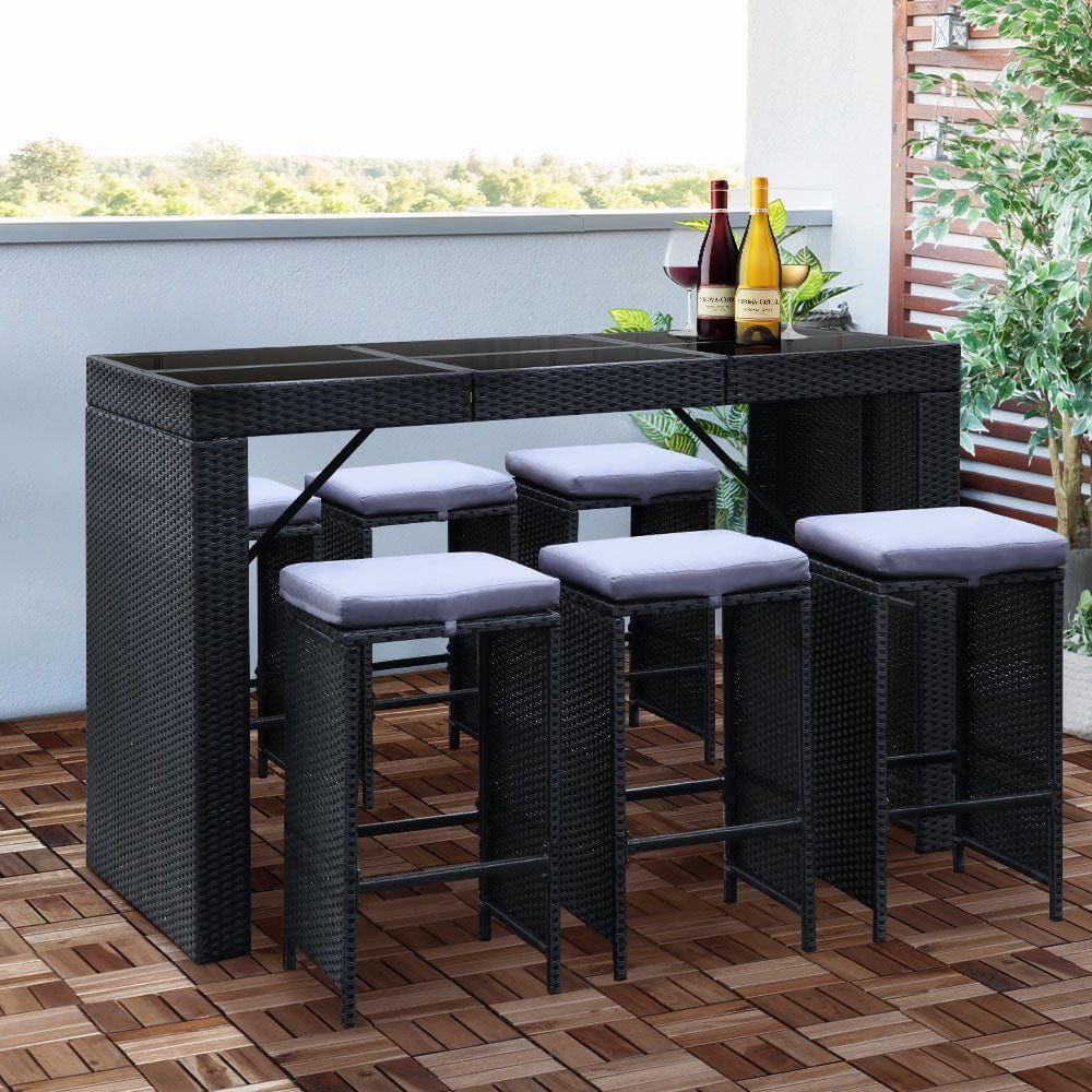 Gardeon 7-Piece Outdoor Bar Table Set - Black Patio Furniture for Backyard, Garden, and Poolside Entertaining
