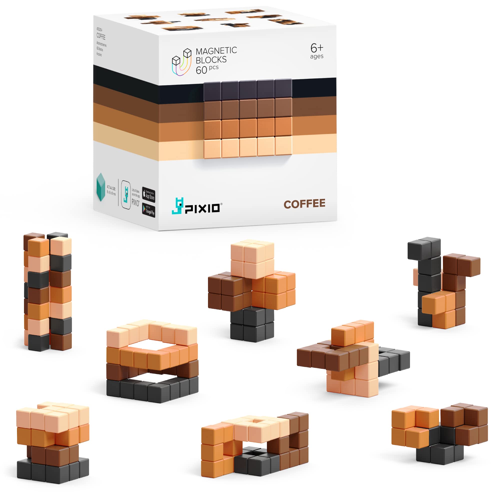 PIXIO Coffee - 60pcs Magnetic Building Blocks Toy for Kids Ages 6+ | Pixel Art Style Creative Construction Set with Free App | 5/16