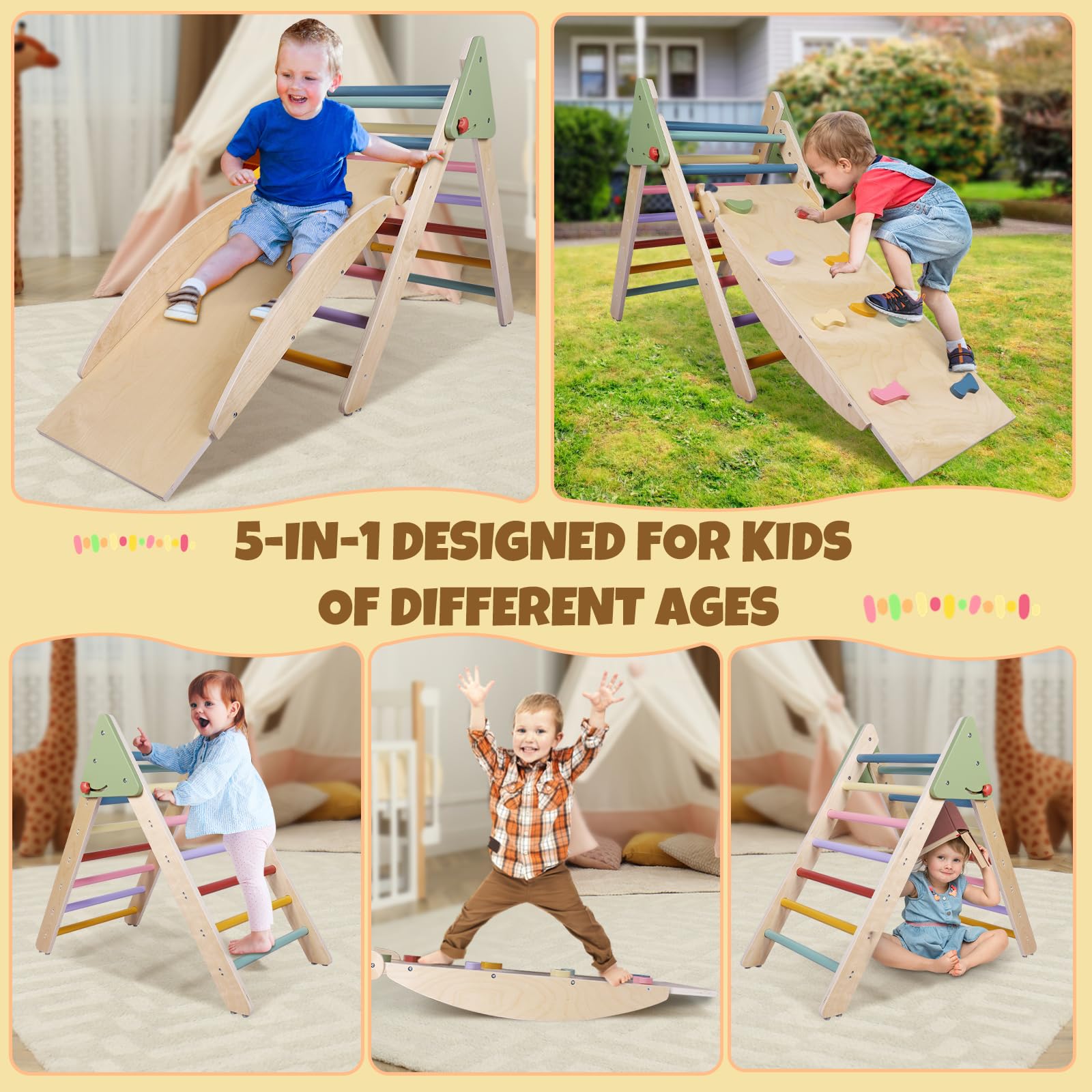 5-in-1 Montessori Wooden Climbing Set for Toddlers - Foldable Pikler Triangle, Reversible Slide & Indoor Play Gym - Safe Baby Climbing Toys for Home Playroom, Nursery or Daycare - Encourages Motor Skills Development