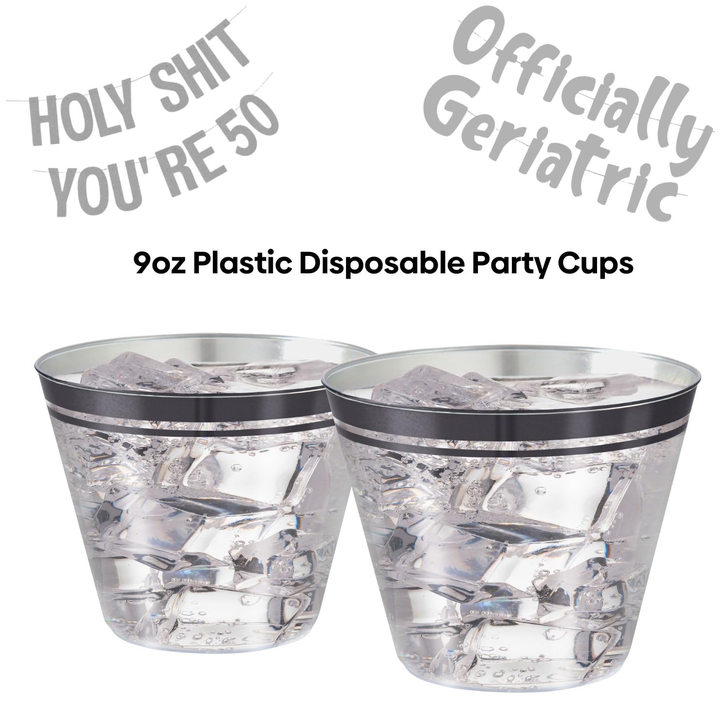 110 Black Rimmed Clear Plastic Cups 9 oz - Elegant Disposable Cups for Weddings, Holidays & Parties - Perfect for Over the Hill Celebrations, Bridal Showers & Elegant Events