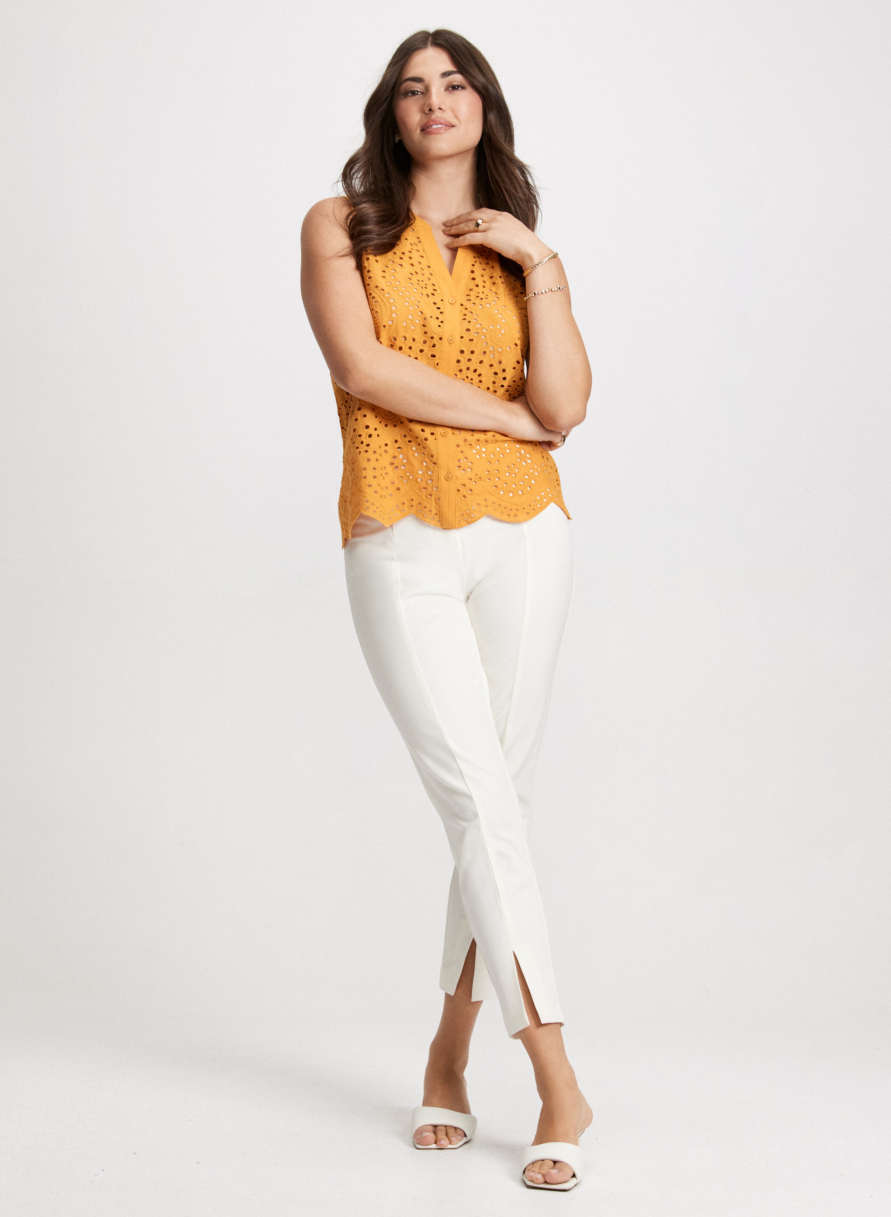 Stylish Eyelet Blouse & Front Slit Pants Set - Women's Fashion Outfit for Office, Party & Casual Wear