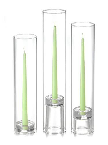 Yummi Set of 12 Mint Green Taper Candles with Chimney and Taper Holders - Elegant Dinner Party & Holiday Decor