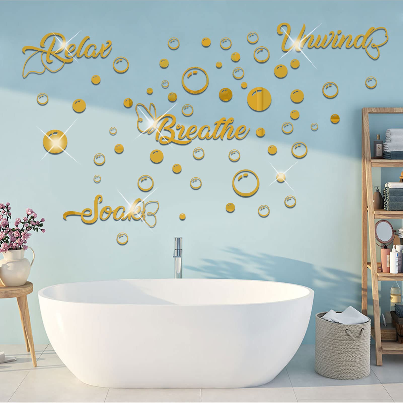 60 Pieces 3D Acrylic Mirror Wall Stickers - DIY Removable Mirror Decals for Bathroom, Bedroom & Living Room - Gold Circle Bubbles Home Decor - Perfect for Wall Art, Kids Room & Party Decorations