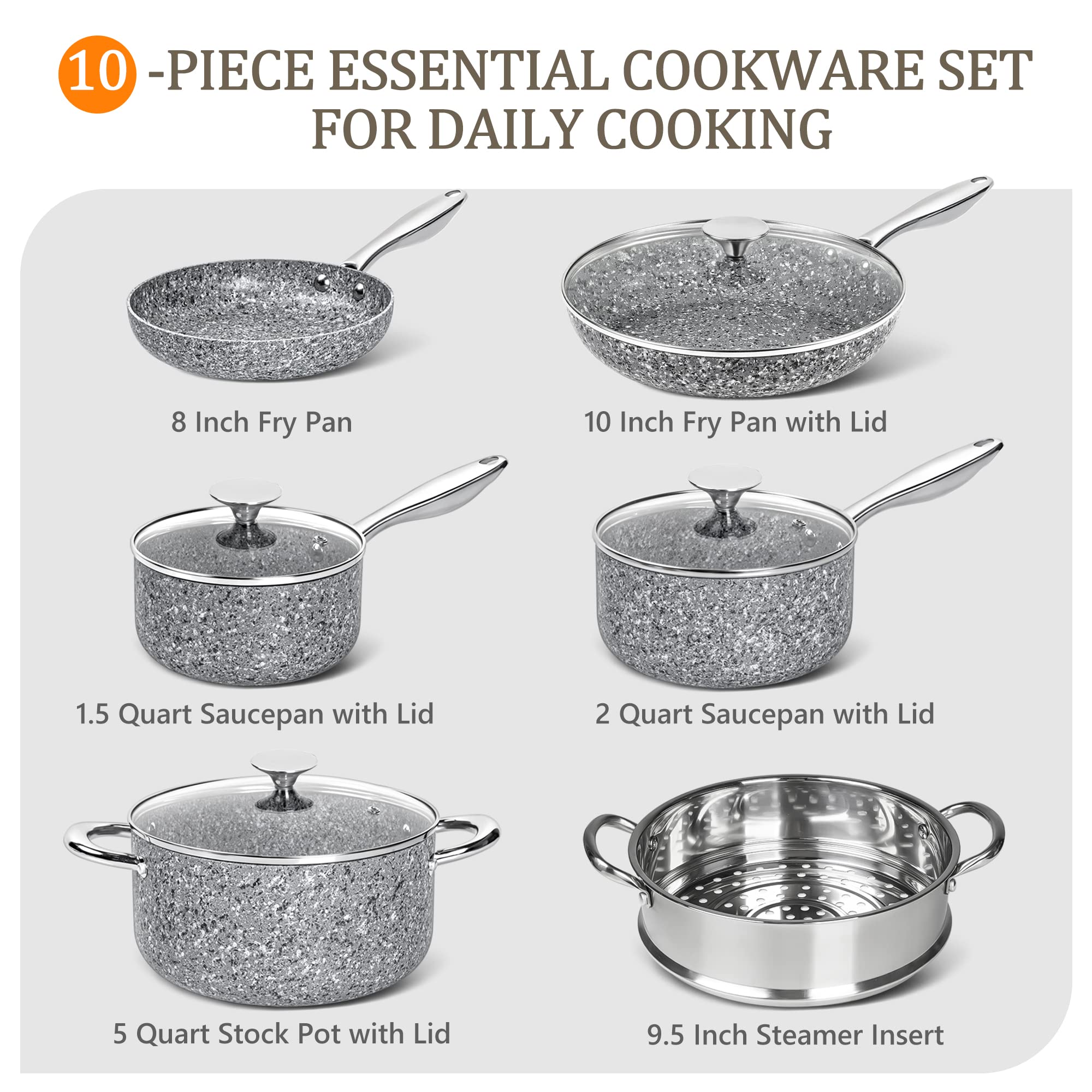 MICHELANGELO 10-Piece Nonstick Stone Cookware Set - Granite Coated Pots & Pans for Healthy Cooking | Perfect for Frying, Sautéing & Everyday Meals