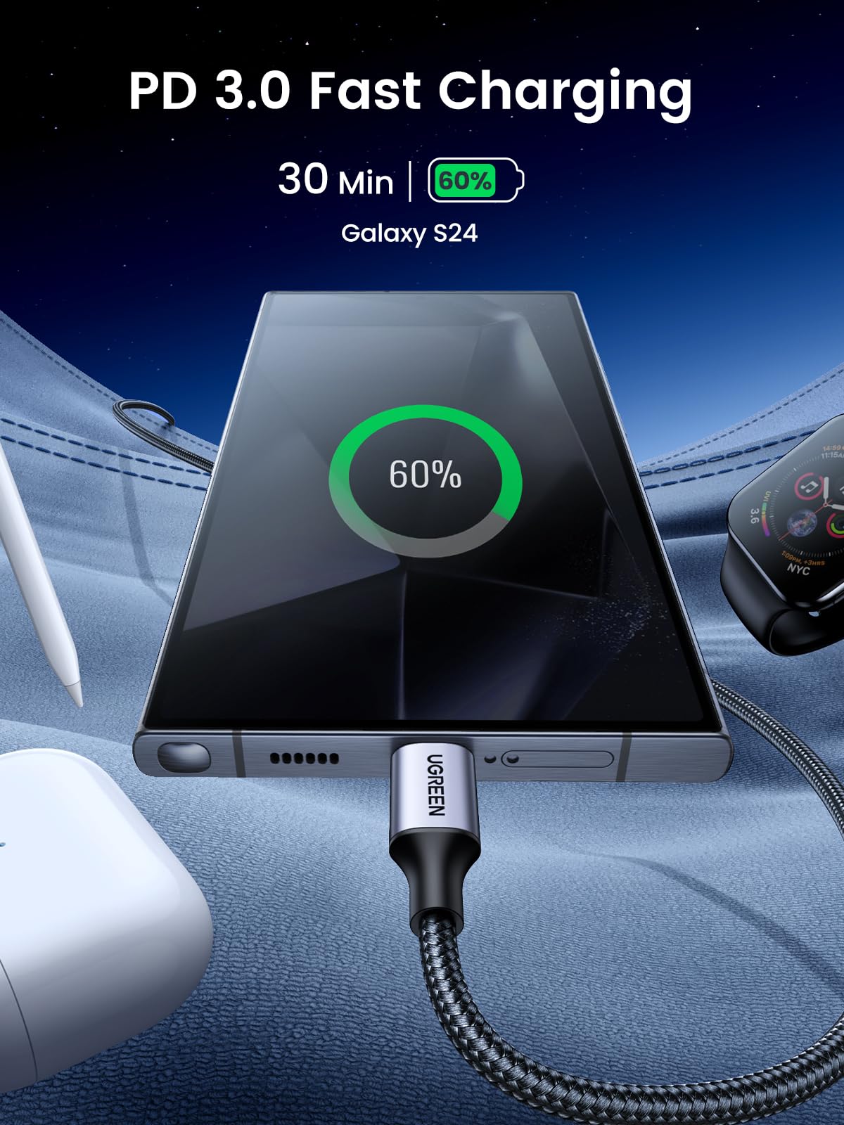 UGREEN USB C to USB C Fast Charging Cable 60W PD Type C Cable - Compatible with iPhone 16/15 Pro Max, Galaxy S24 Ultra, Pixel 9, iPad Pro 2024/Air 5, MacBook Pro - 0.5M for Home, Office & Travel Charging