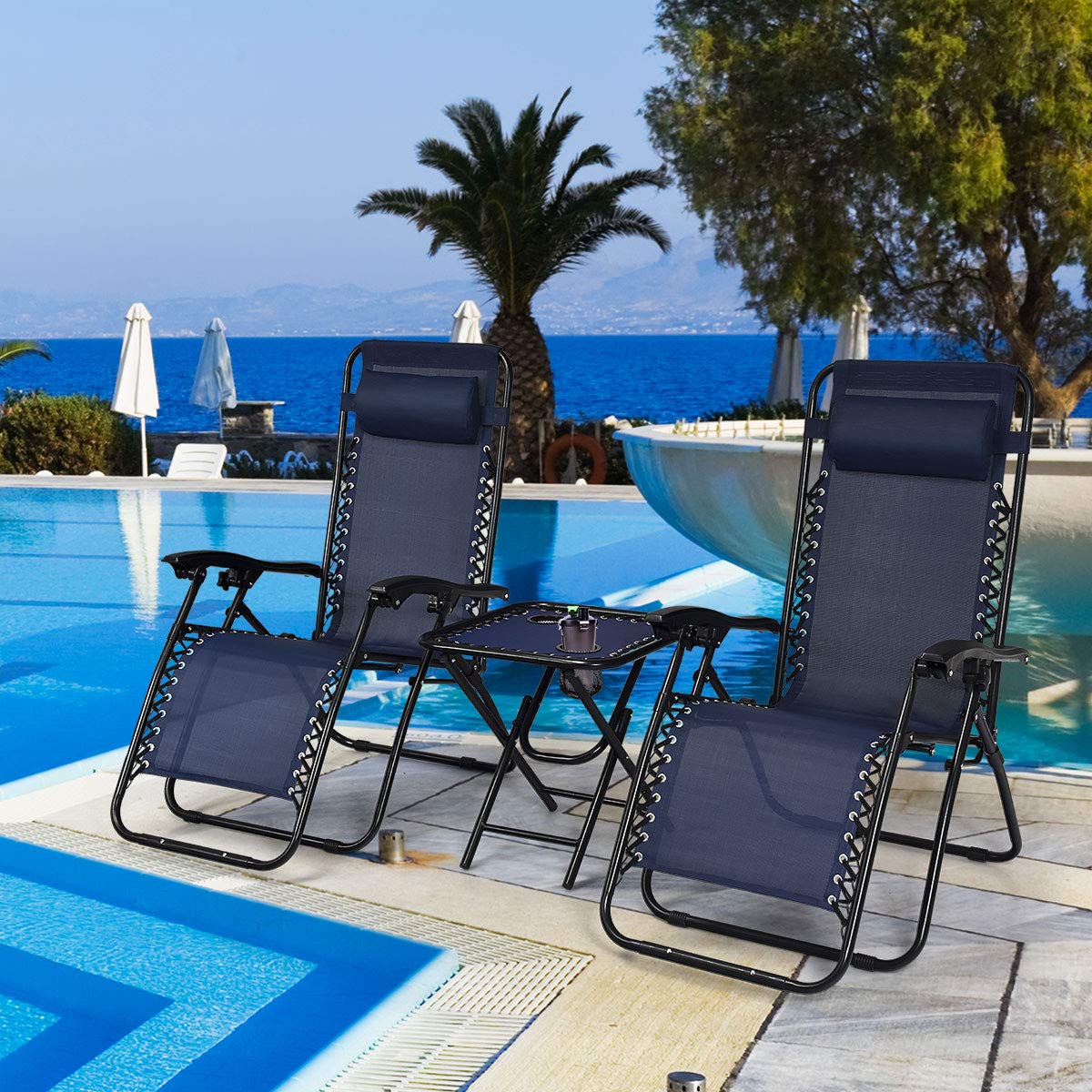 Giantex 3-Piece Zero Gravity Chair Set - Patio Chaise Lounge Chairs with Folding Table for Outdoor, Poolside, Backyard & Garden Relaxation (Navy Blue) - Perfect for Sunbathing, Lounging & Reading by the Pool